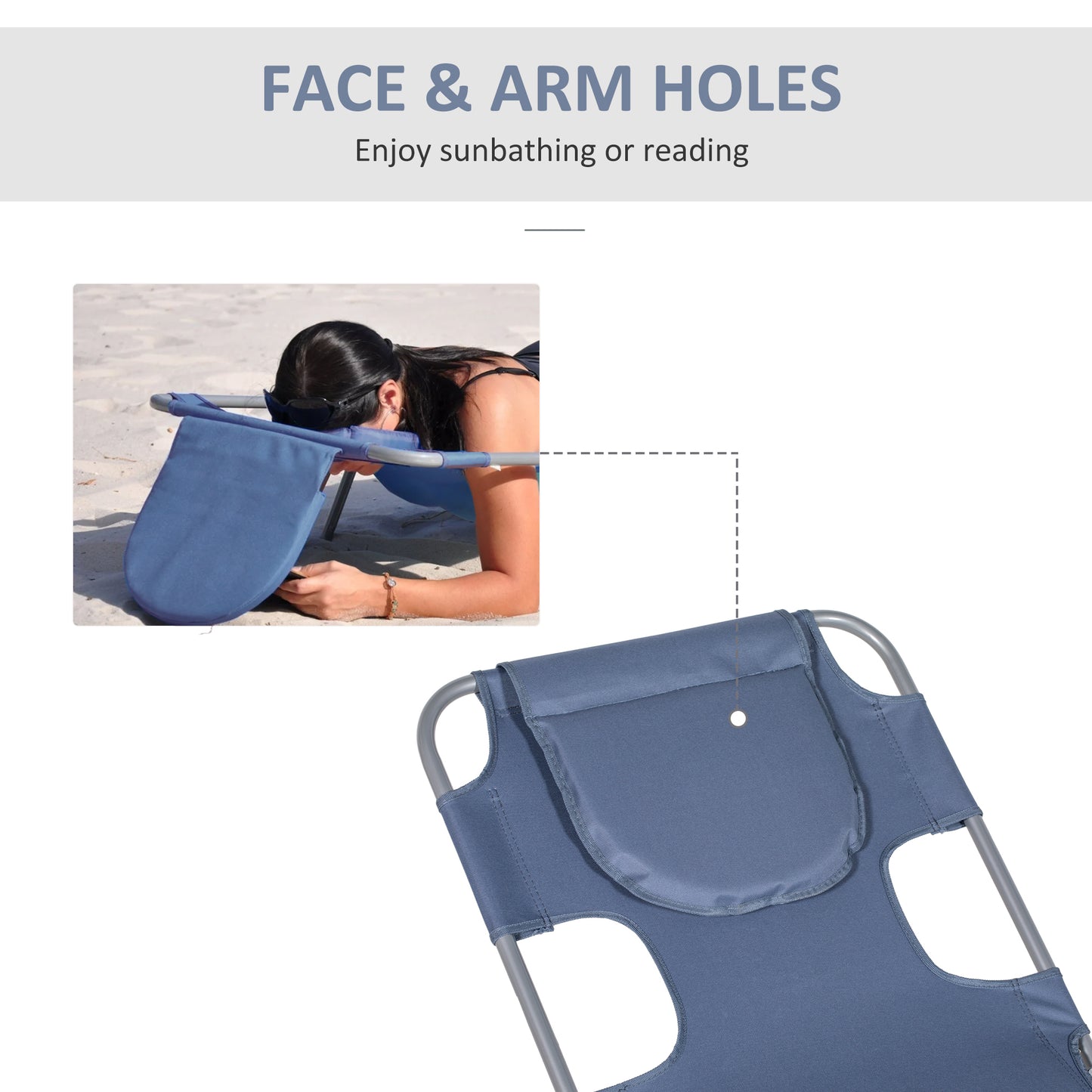 Blue adjustable beach chair with face and arm holes for comfortable sunbathing