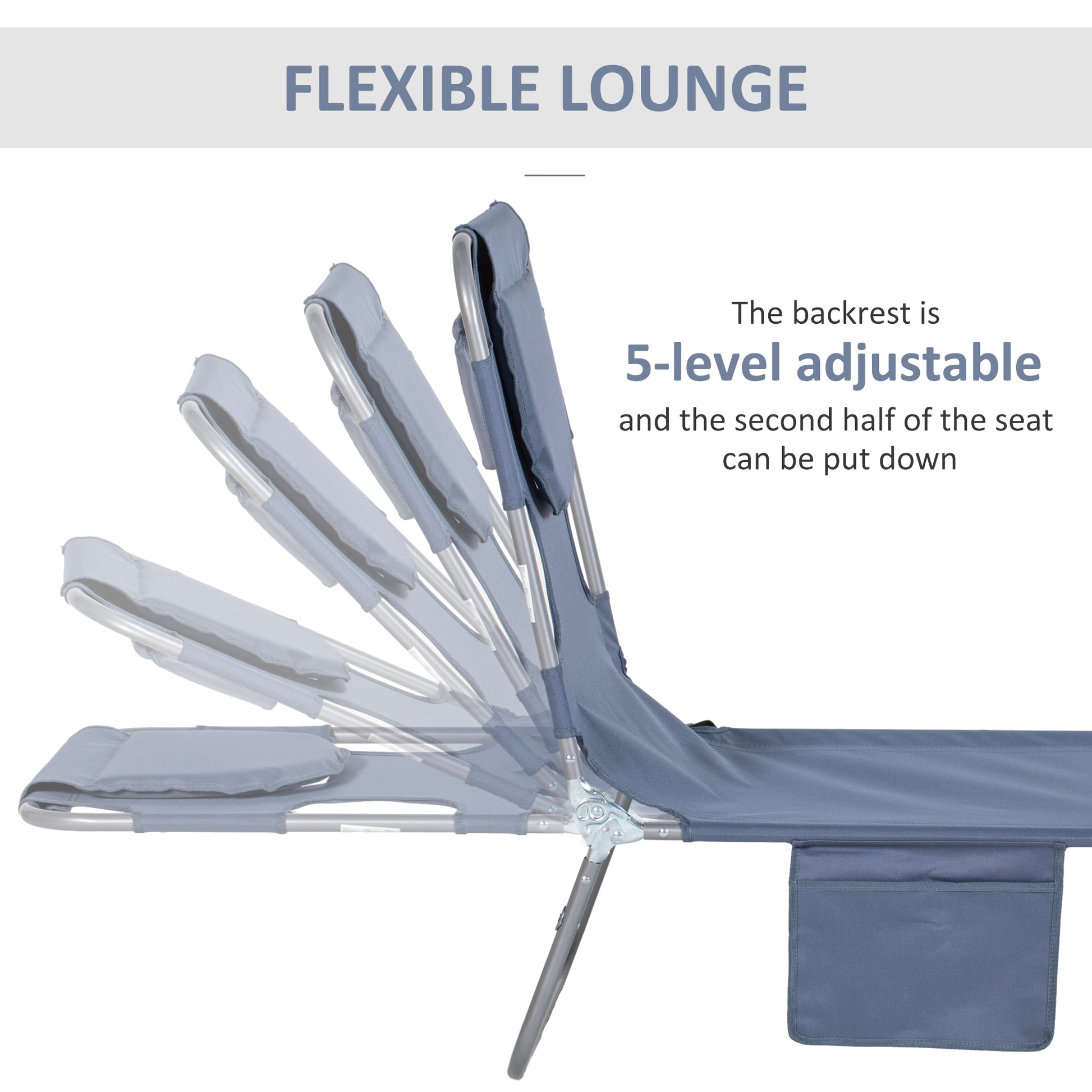 Gray adjustable lounge chair with  backrest positions for outdoor comfort