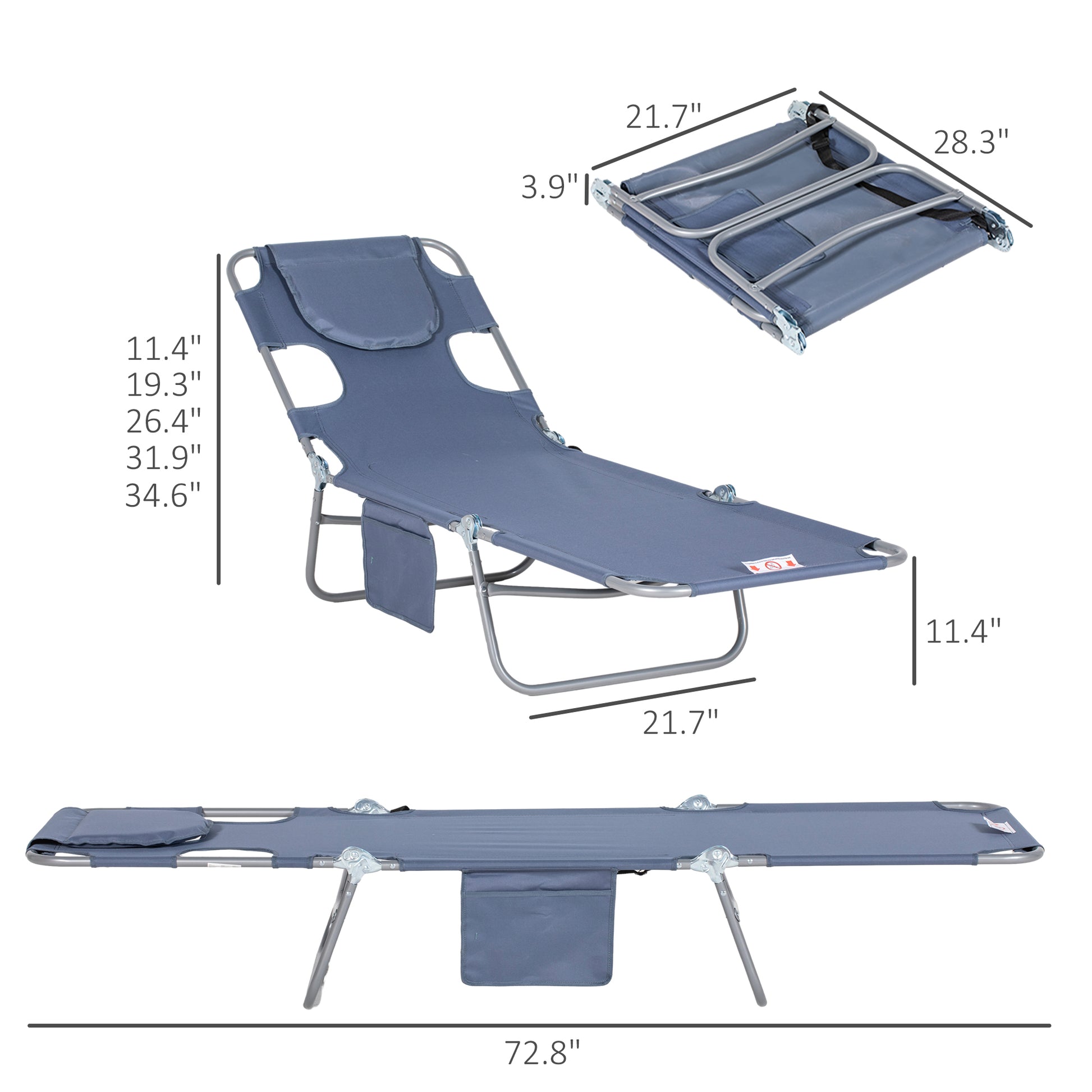 Blue fabric chaise lounge with adjustable headrest and metal frame perfect for patio use