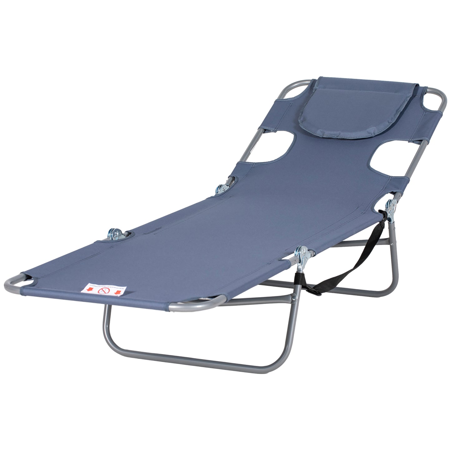 Blue folding chaise lounge with grey metal frame and headrest