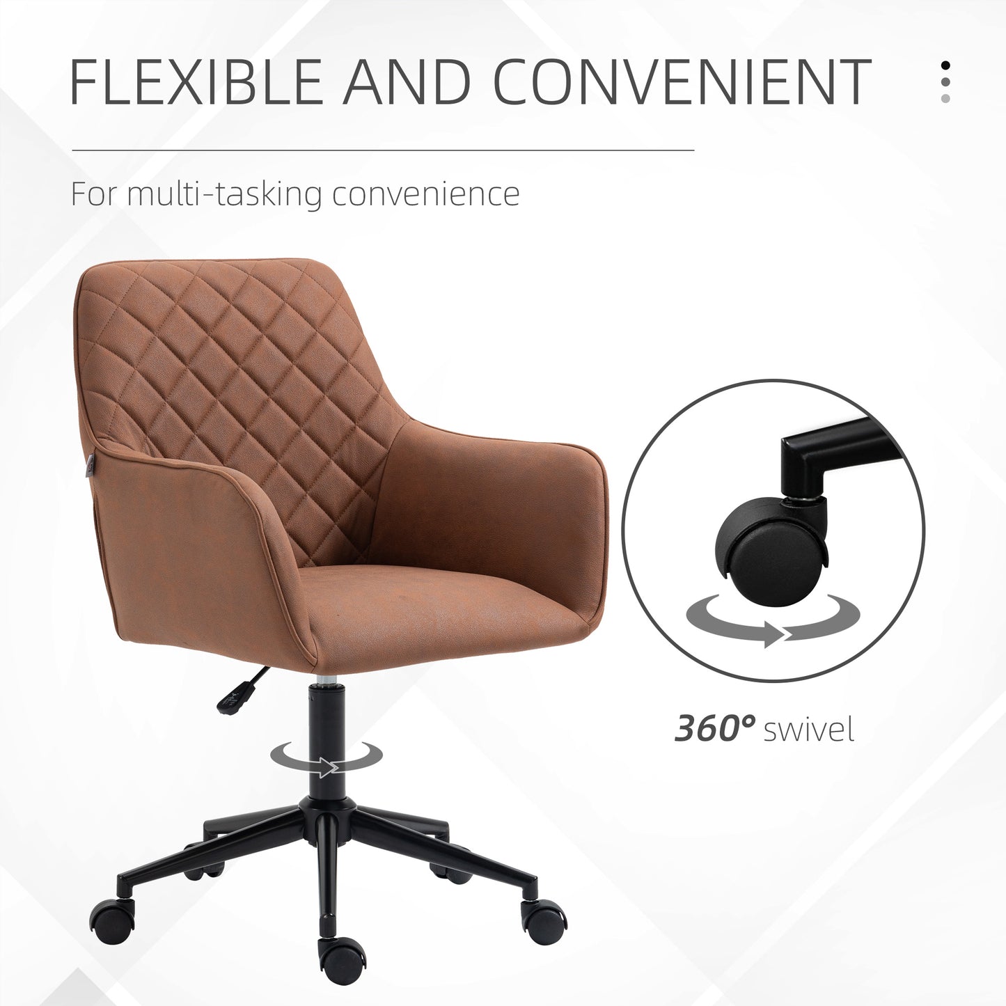 Brown upholstered office chair with diamond stitching and swivel base