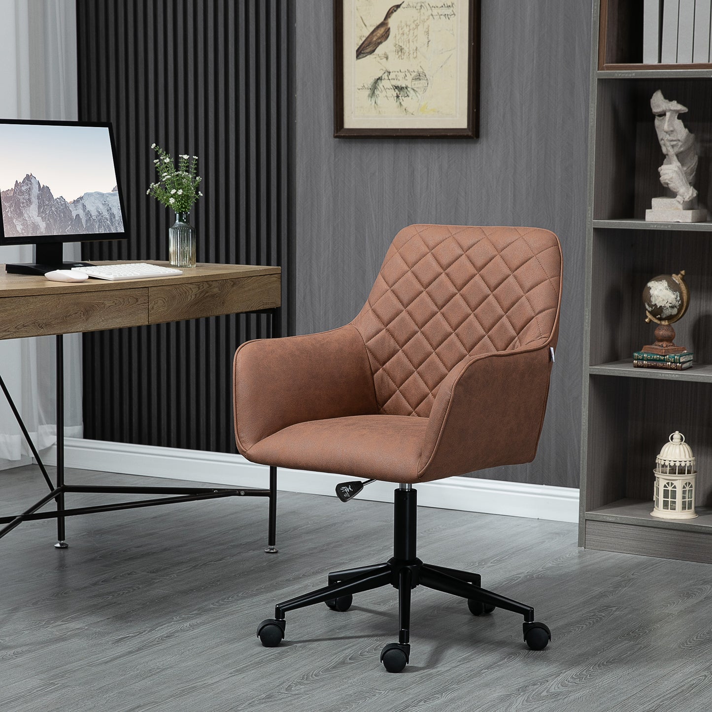 Brown diamondtufted upholstered office chair with swivel base and casters