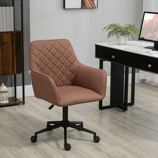 Brown quilted fabric desk chair with armrests and fivestar base on casters