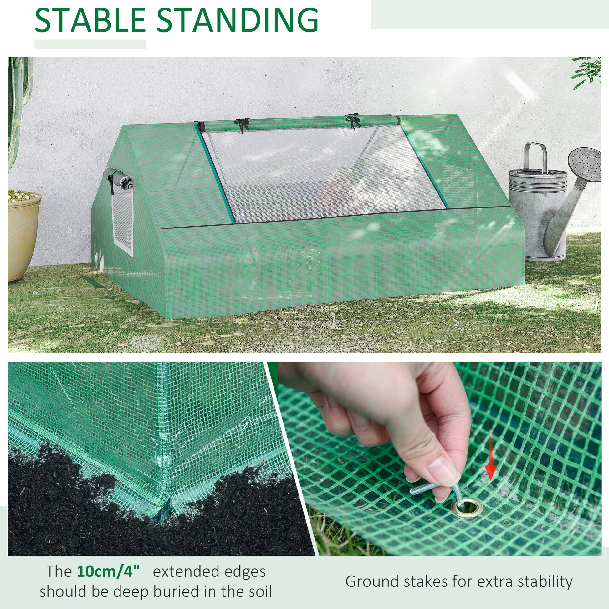 Green mini greenhouse with rollup access door and ventilation windows for stable standing