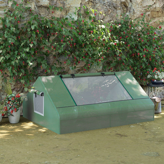 Green mesh cold frame greenhouse with rollup lid and ventilation window