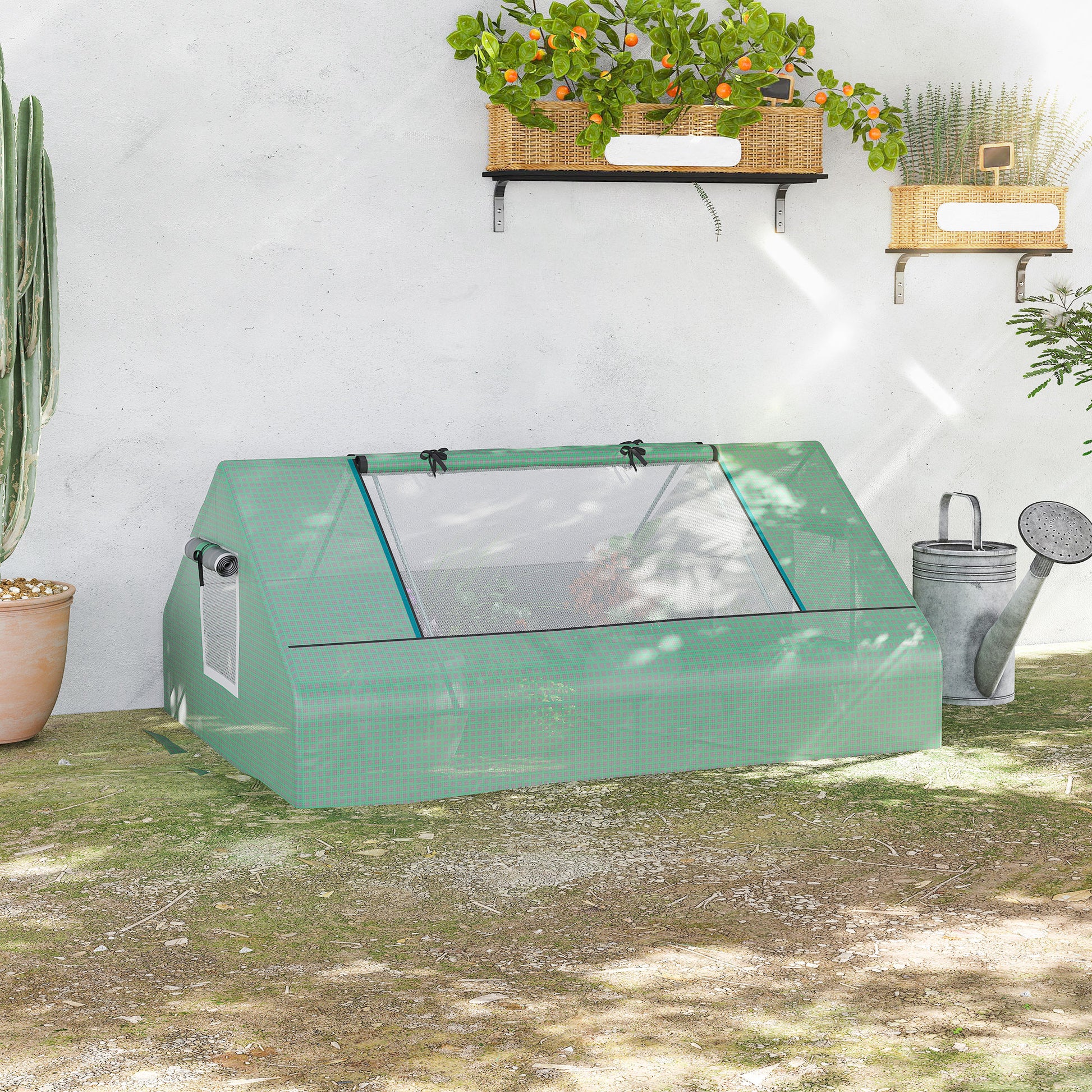 Green portable greenhouse with rollup vents for outdoor gardening