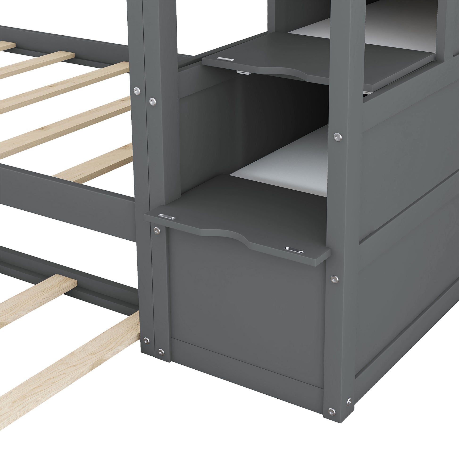 Dark gray wooden bunk bed frame with exposed natural wood slats