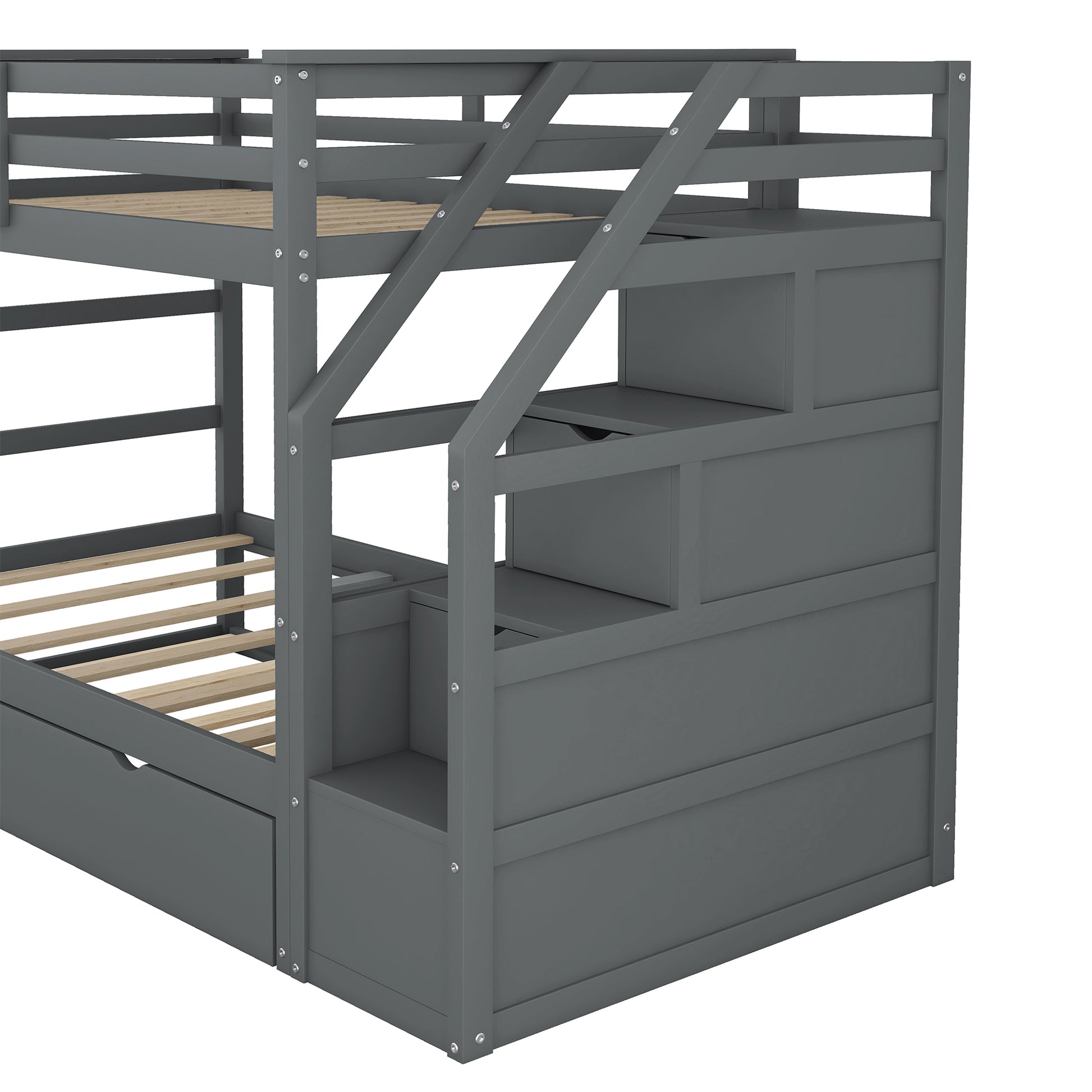 Grey wooden bunk bed with integrated storage stairs for childrens room