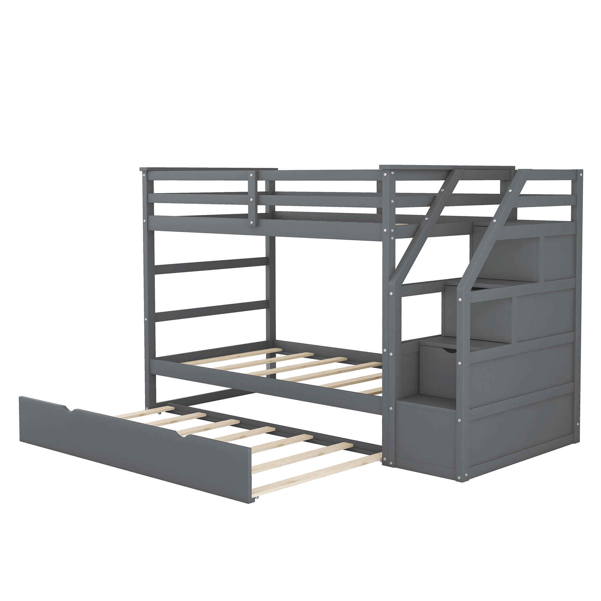 Gray wooden triple bunk bed with trundle and storage steps for kids room