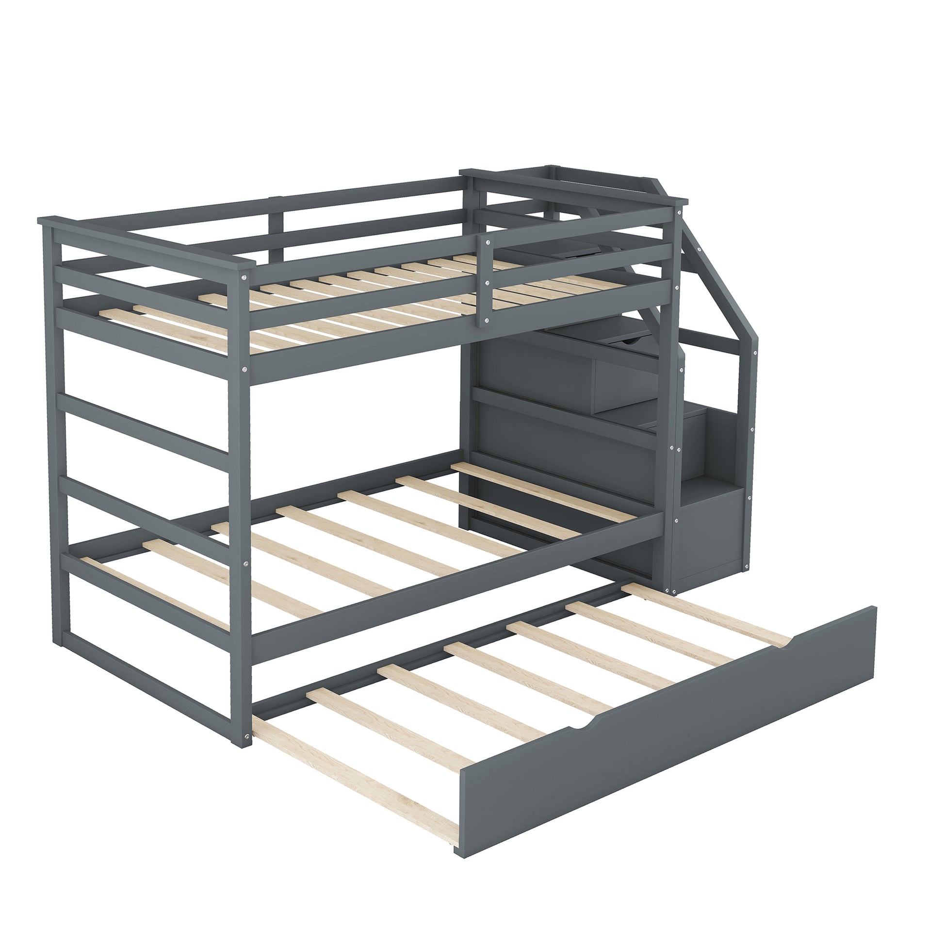 Dark grey wooden bunk bed with stairs and pullout trundle