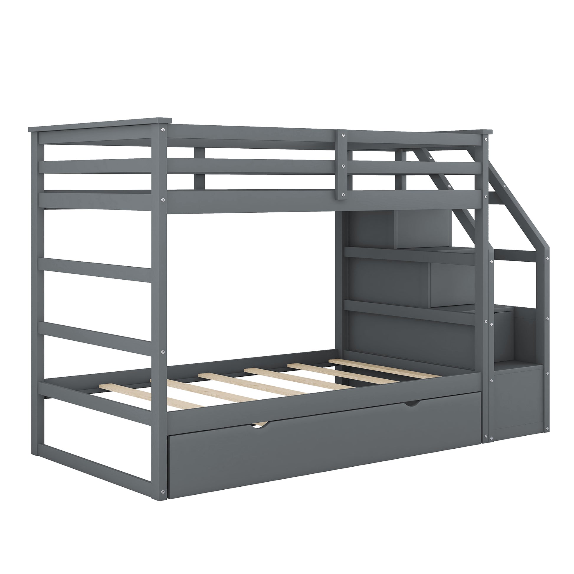 Gray wooden bunk bed with stairs and storage drawers spacesaving childrens furniture