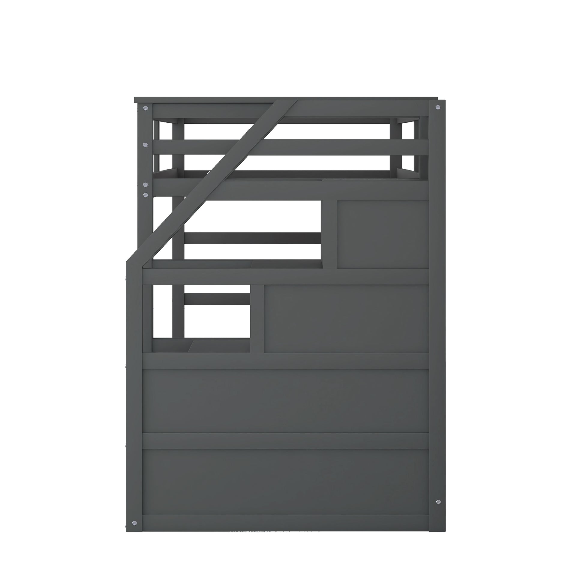 Gray wooden bunk bed with ladder and safety rails for childrens room