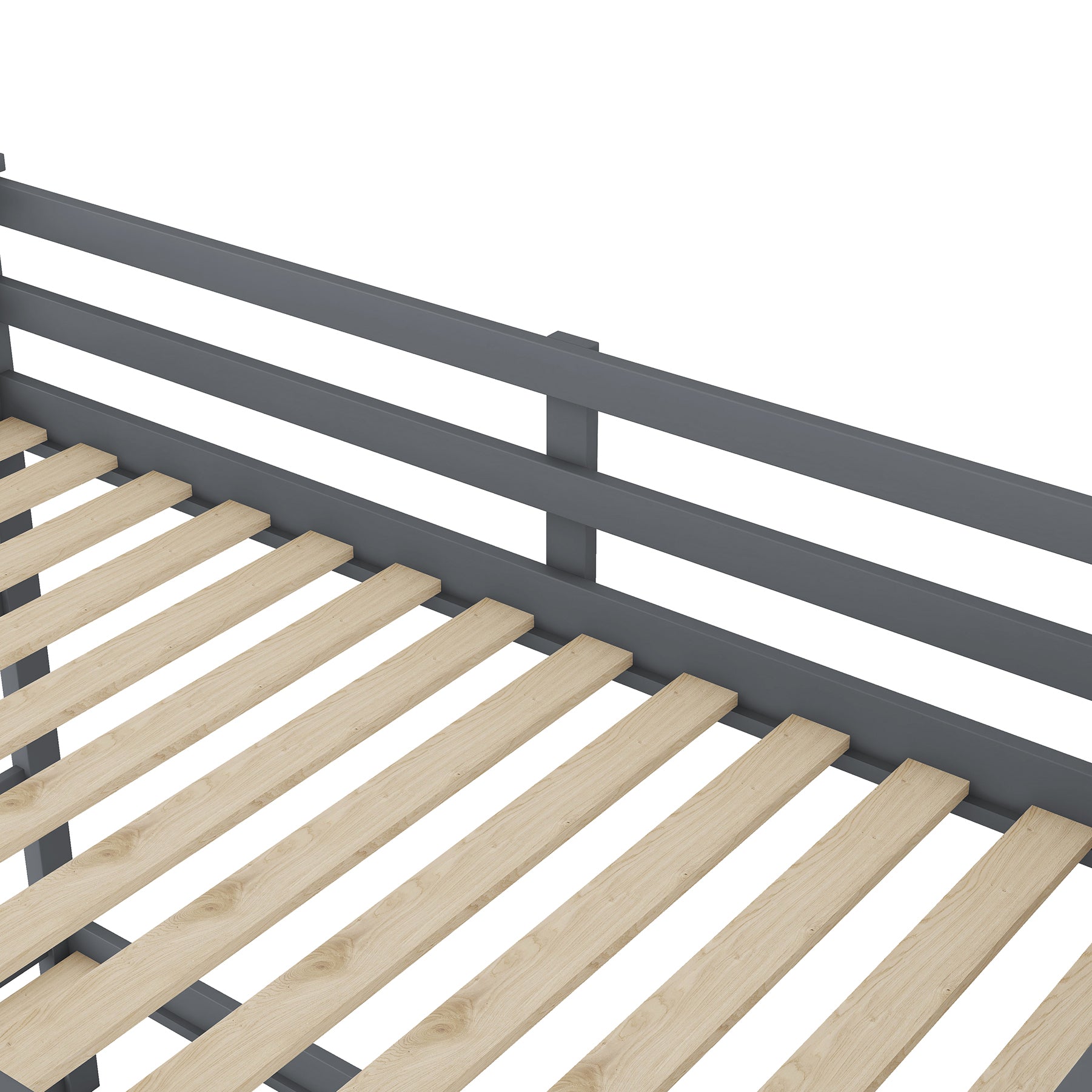 Closeup of a grey metal bed frame with natural wood slats for mattress support