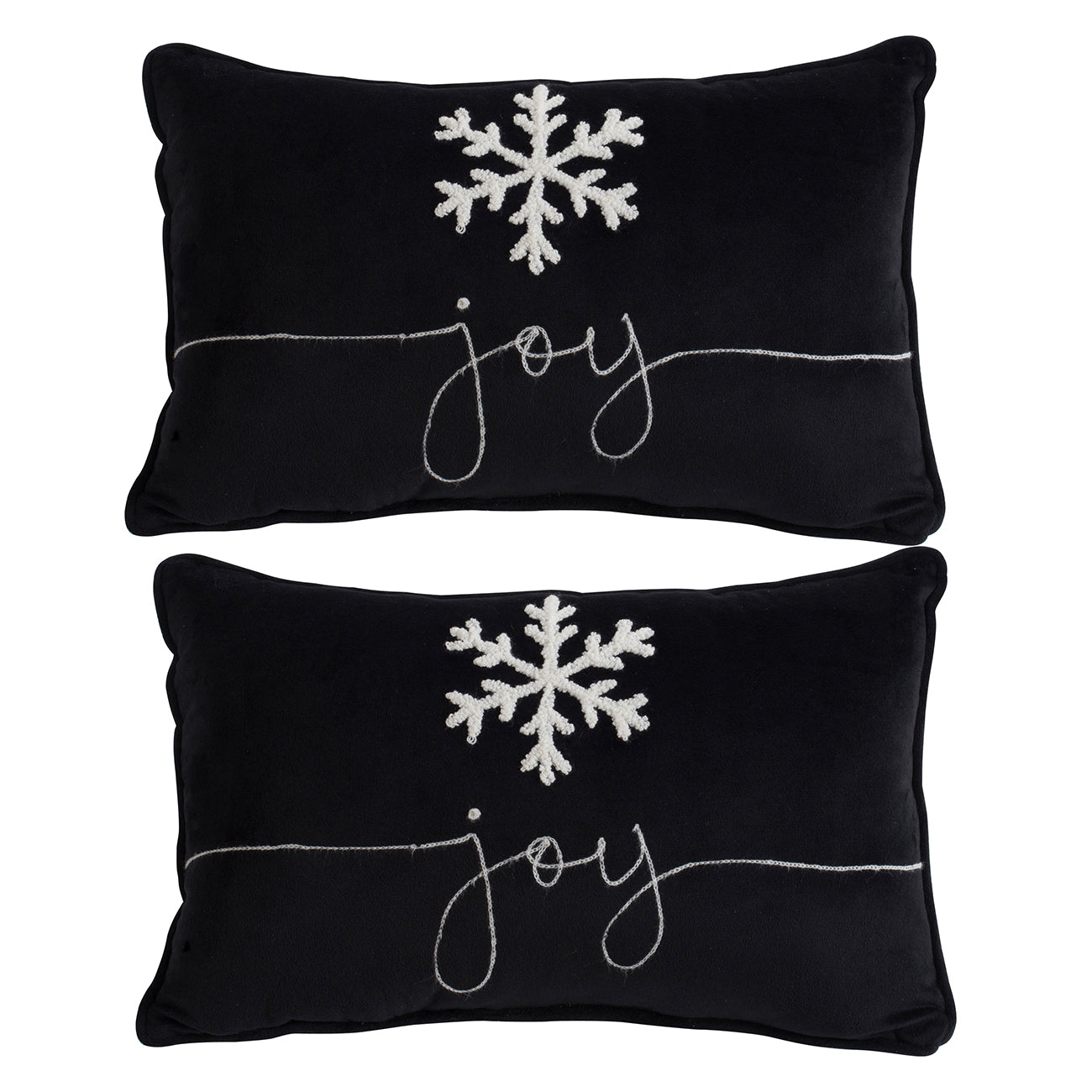 Black velvet lumbar pillow with white embroidered snowflake and joy text
