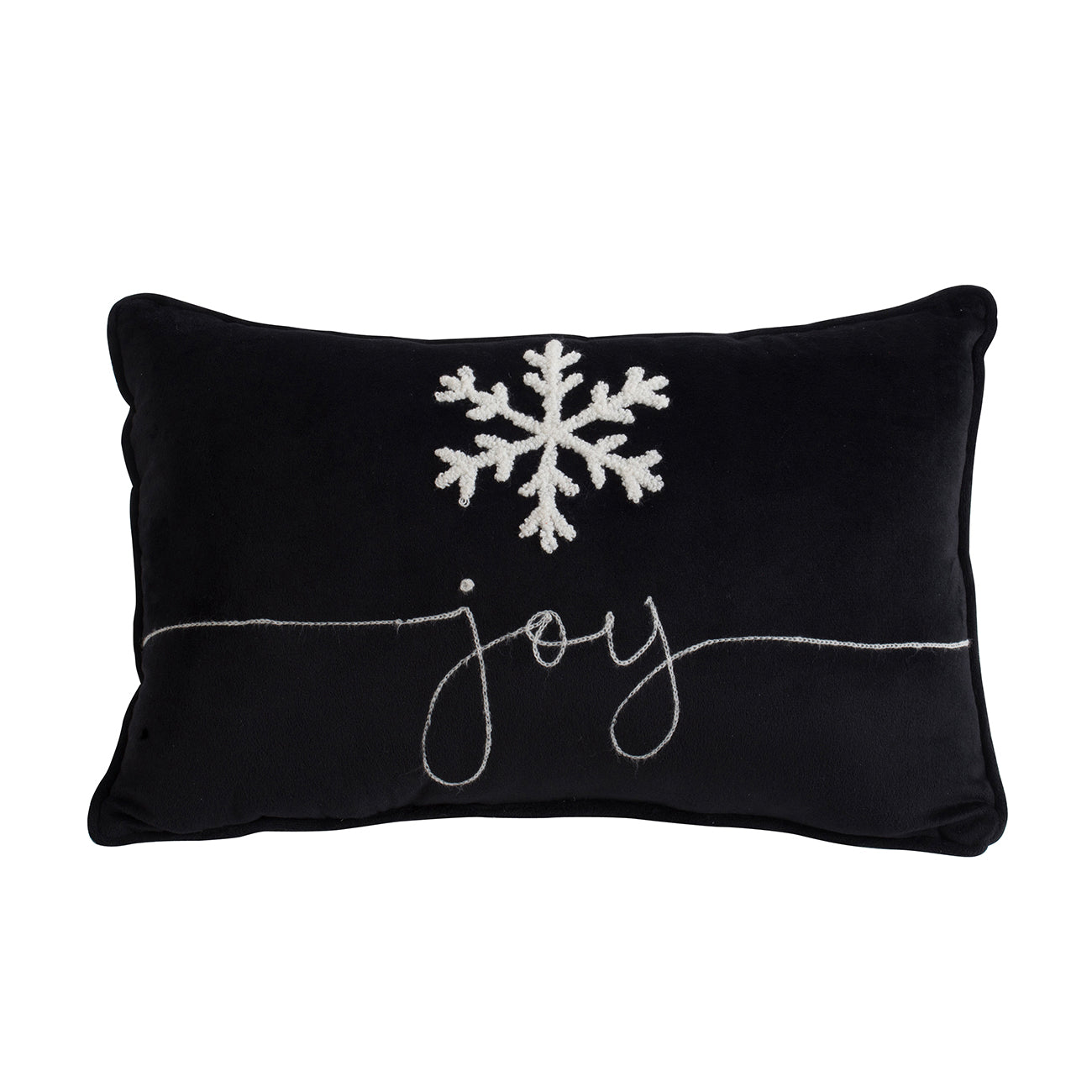 Black lumbar pillow with embroidered white snowflake and joy text