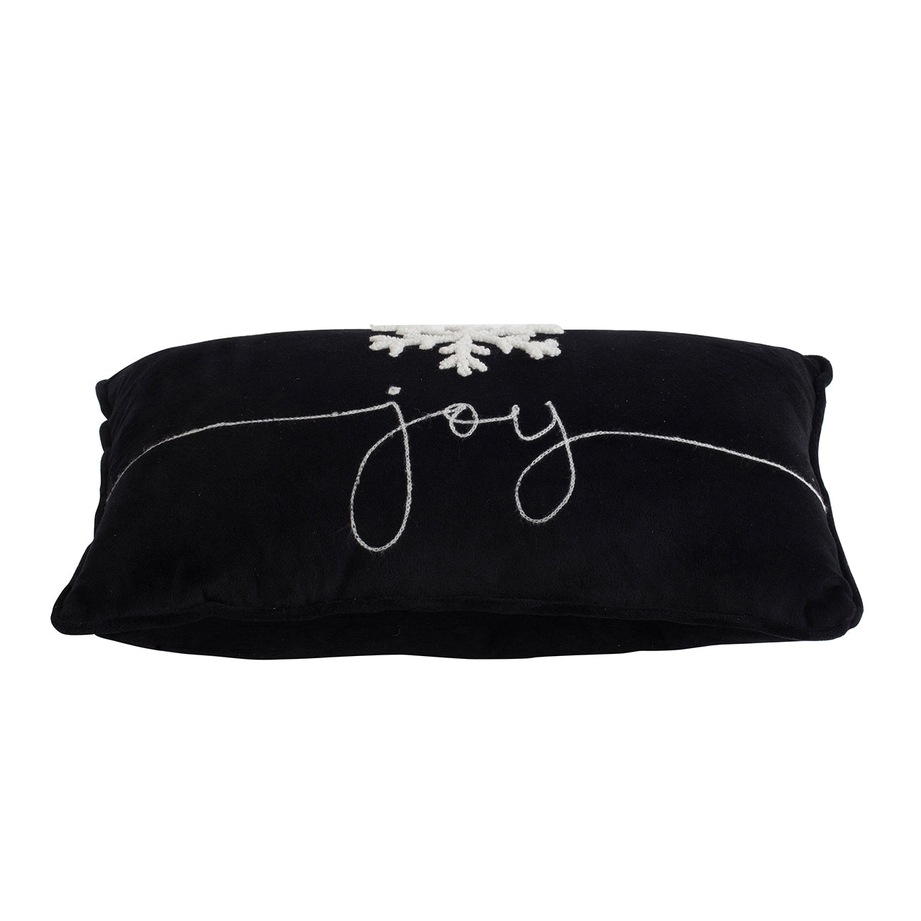 Black lumbar throw pillow with embroidered white snowflake and joy text