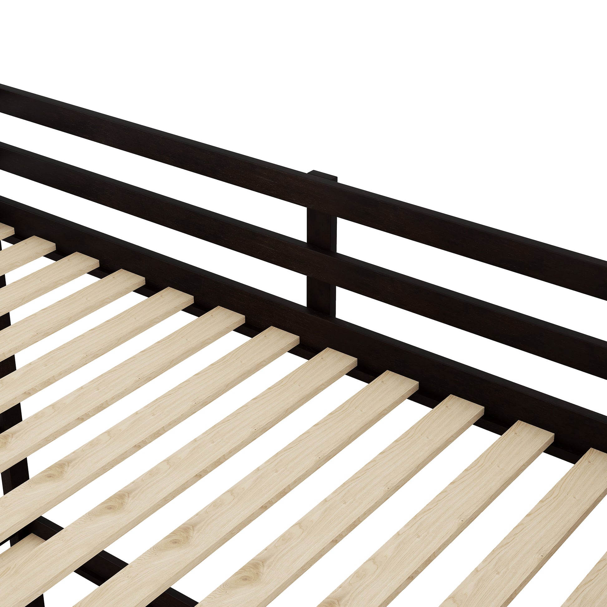 Dark espresso wooden bed frame with natural wood slats for mattress support