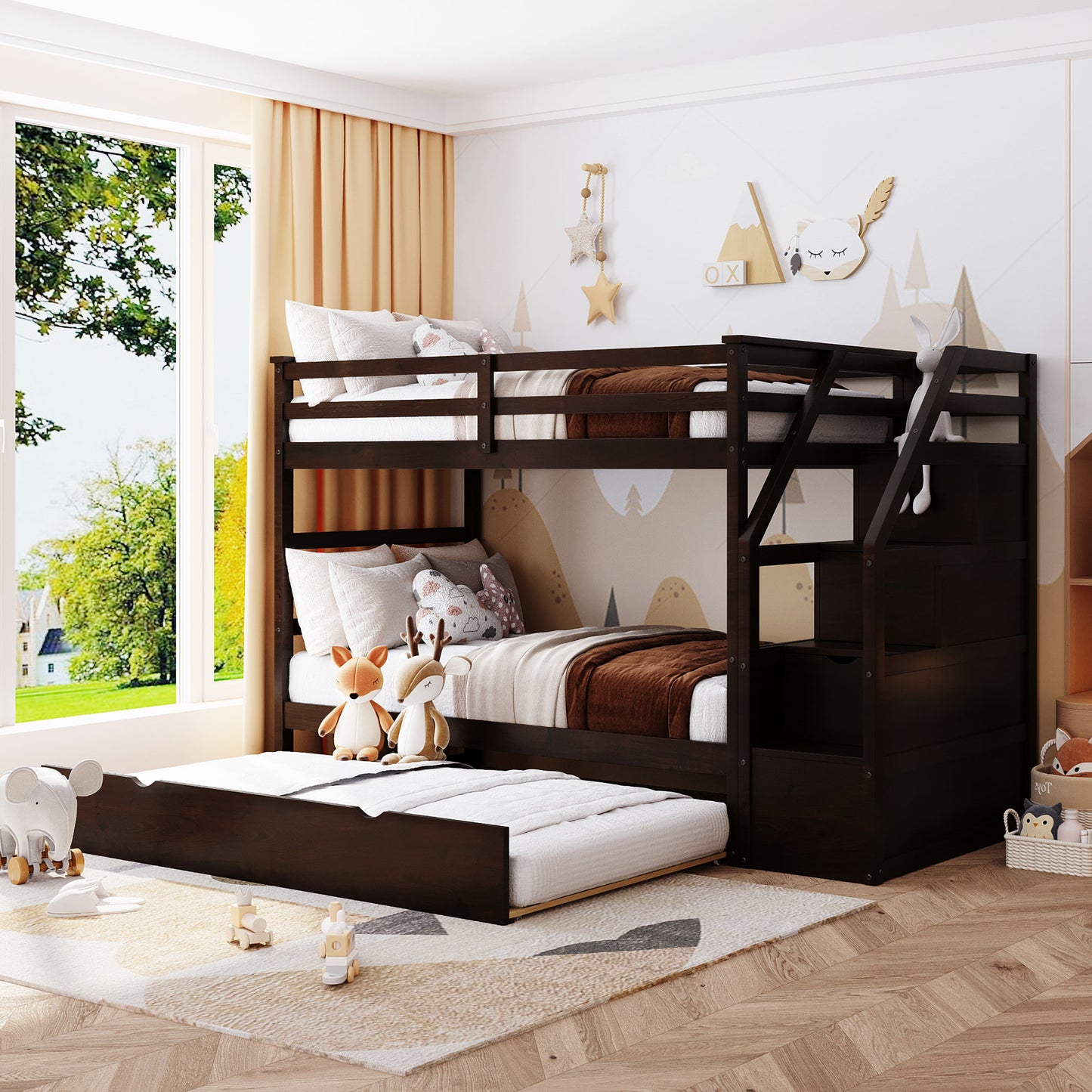 Dark brown wooden triple bunk bed with trundle and storage stairs perfect for kids