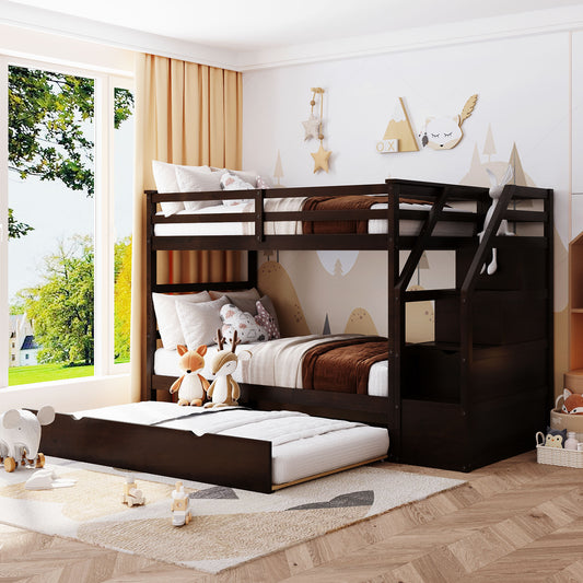 Dark brown wooden triple bunk bed with trundle and storage stairs perfect for kids