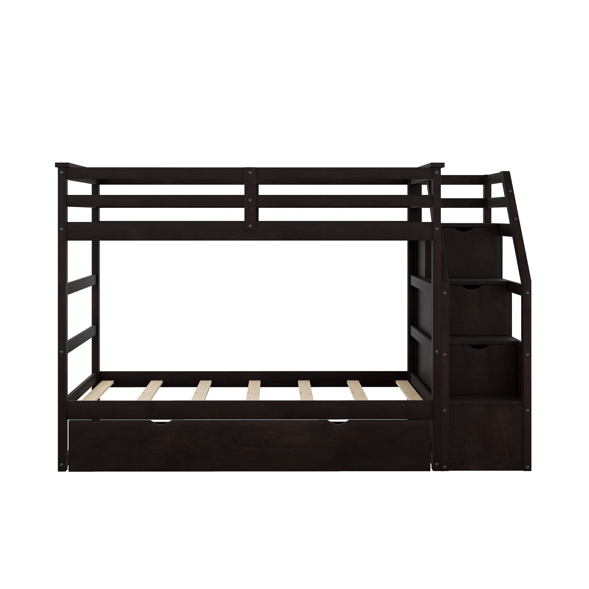 Dark brown wooden bunk bed with integrated stairs and storage drawers