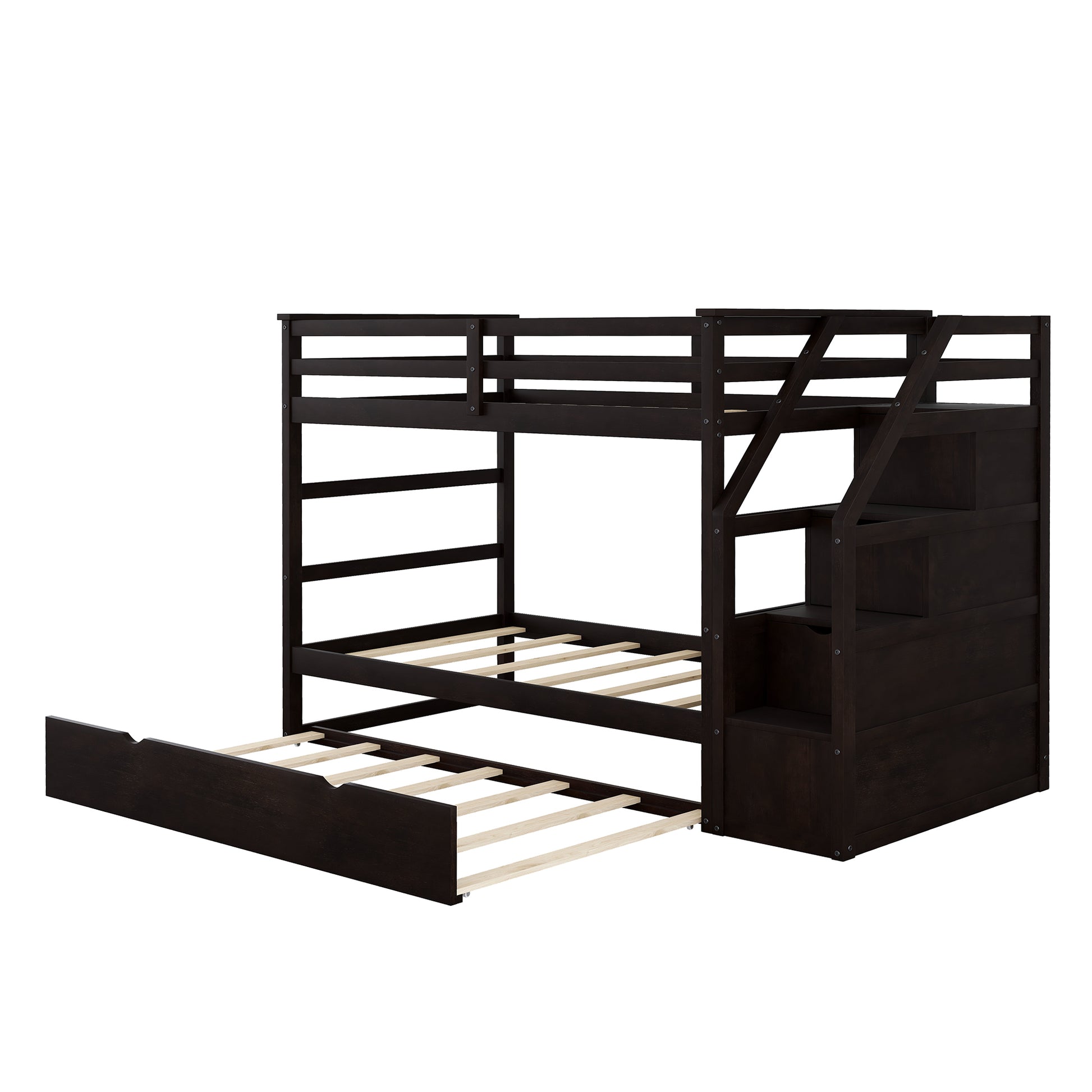 Dark espresso wood triple bunk bed with stairs and trundle