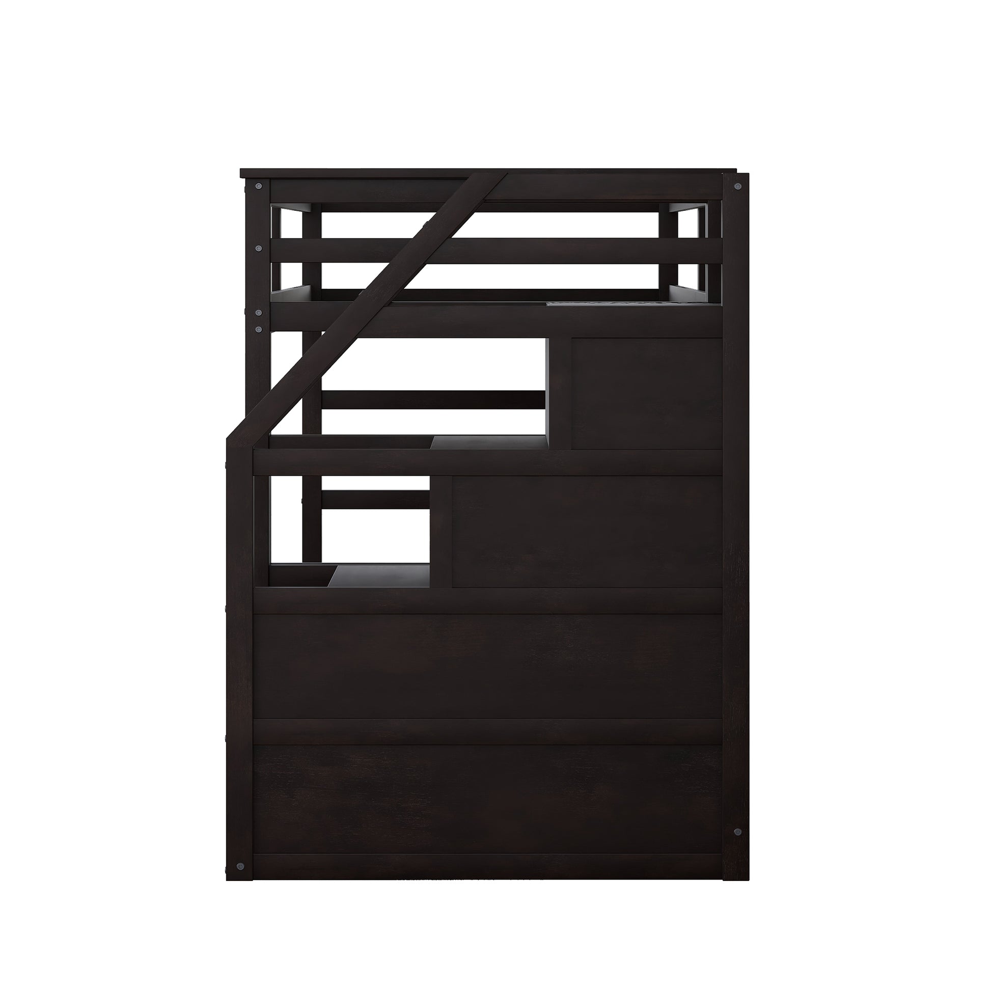 Dark wood loft bed with integrated staircase and storage compartments