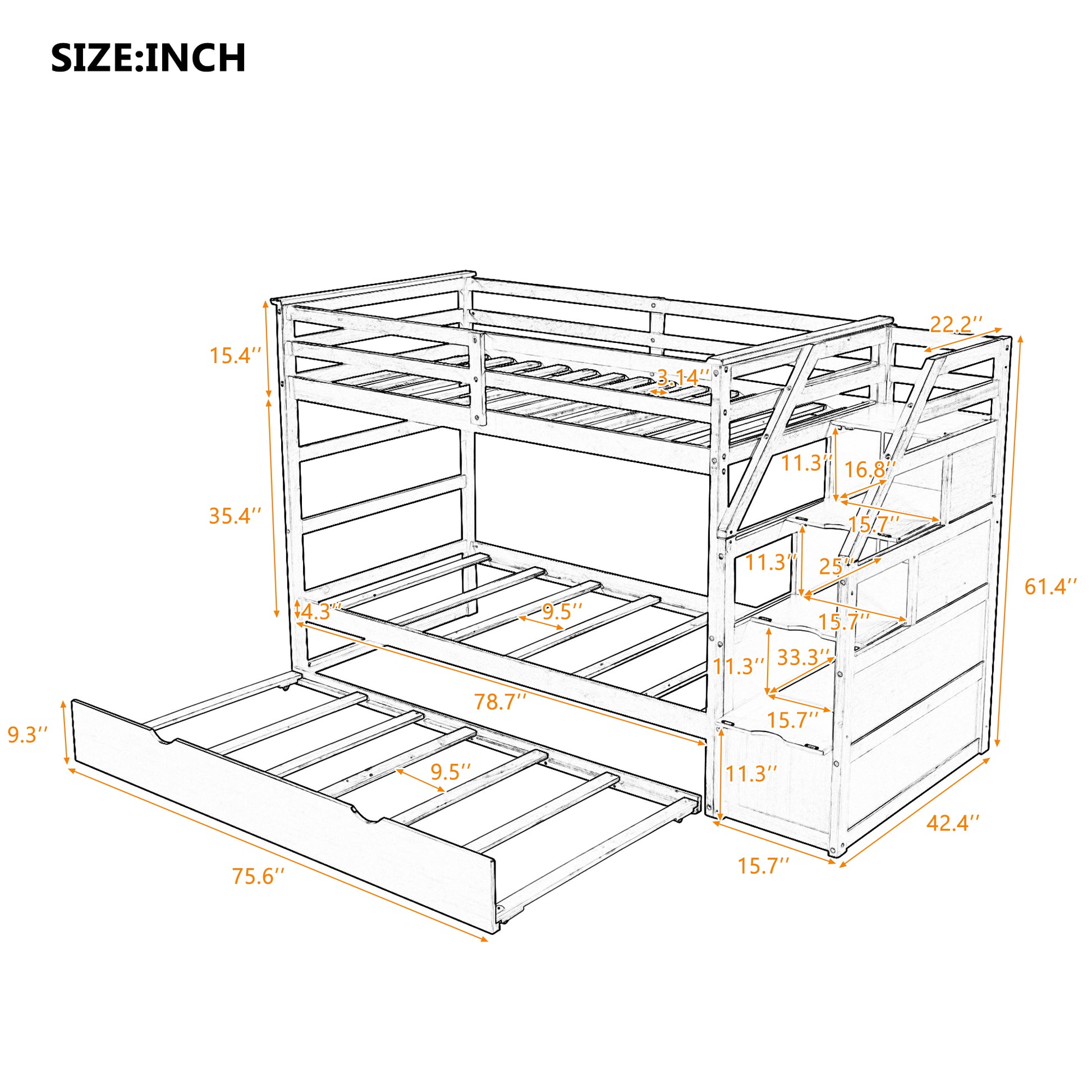 Detailed line drawing of a white wooden triple bunk bed with storage stairs showing dimensions