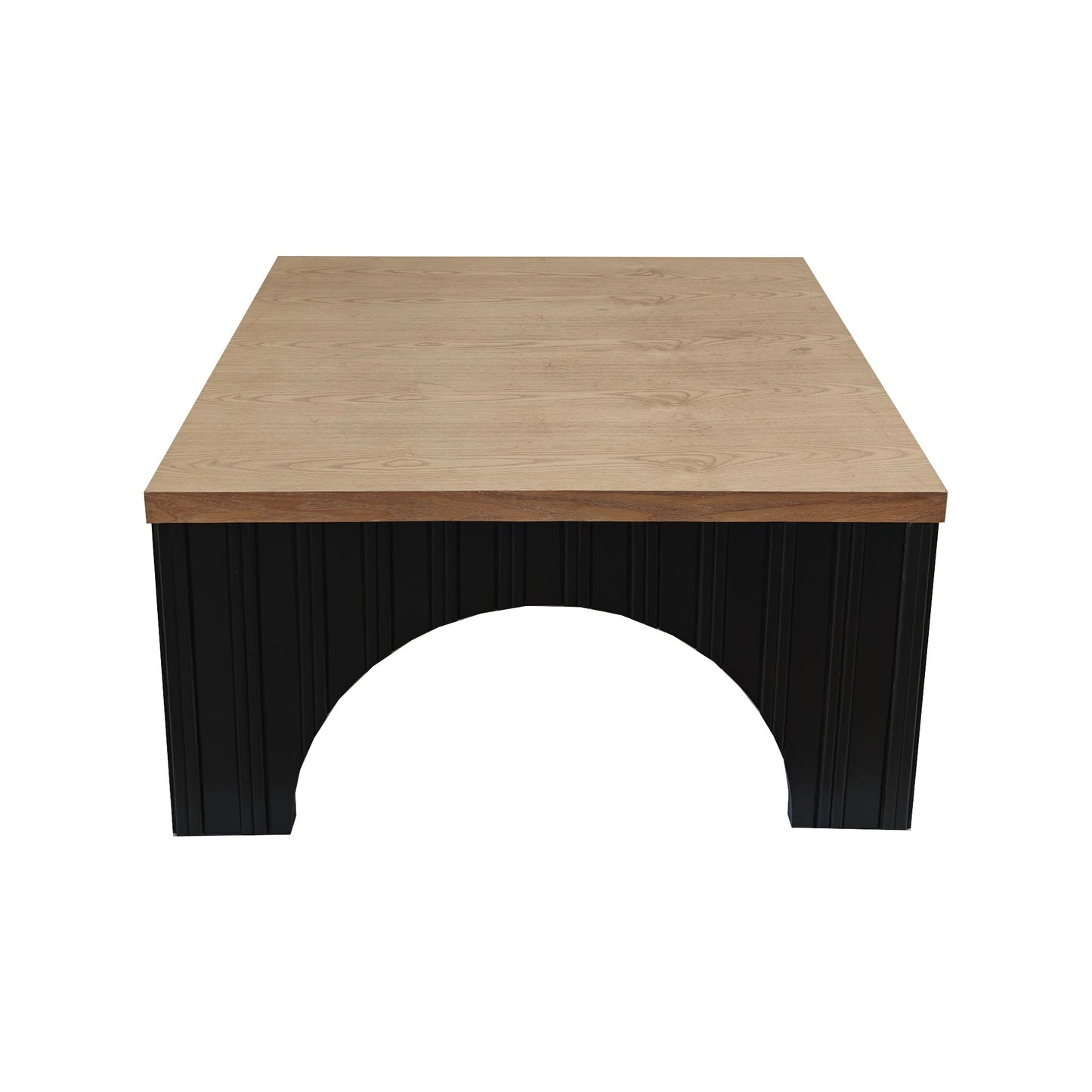 Modern oak wood coffee table with black fluted base and arched opening