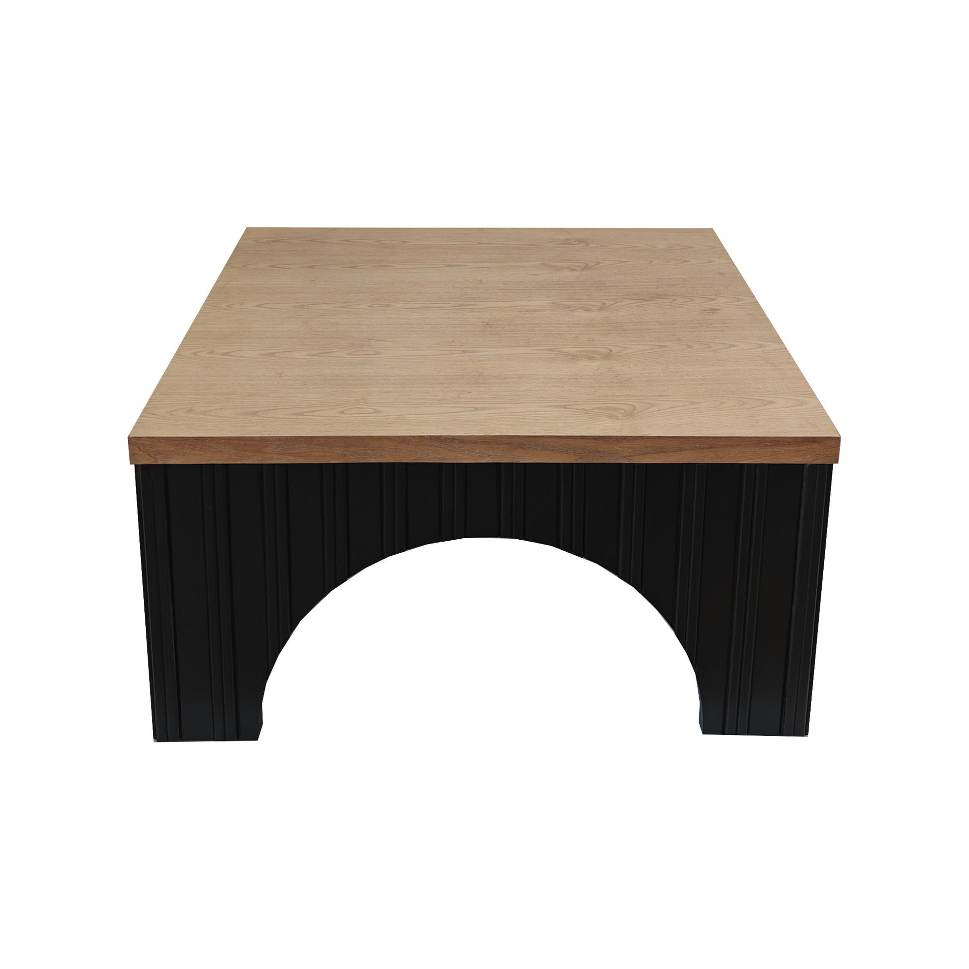 Modern oak wood coffee table with black fluted base and arched opening