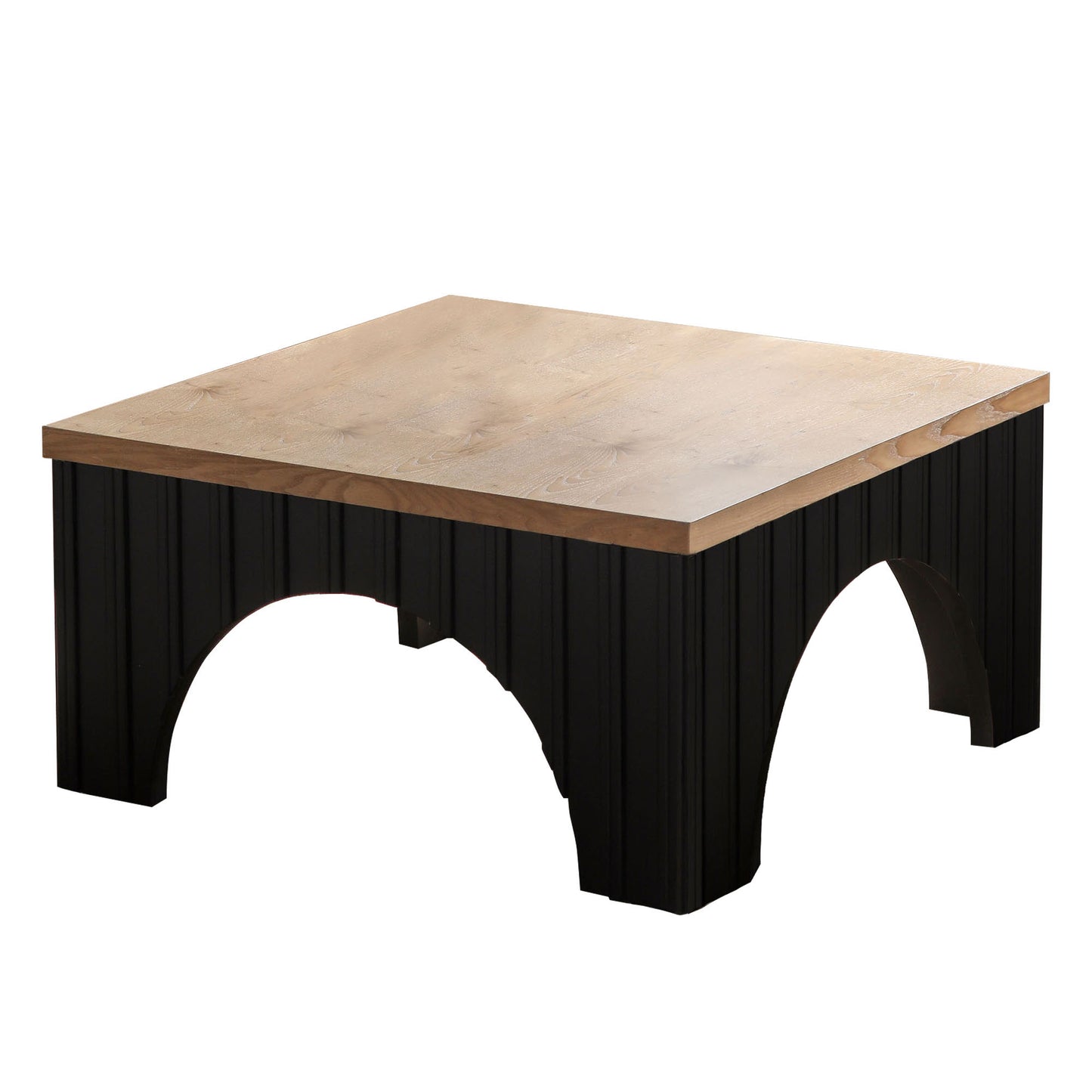 Square wood top coffee table with fluted black base