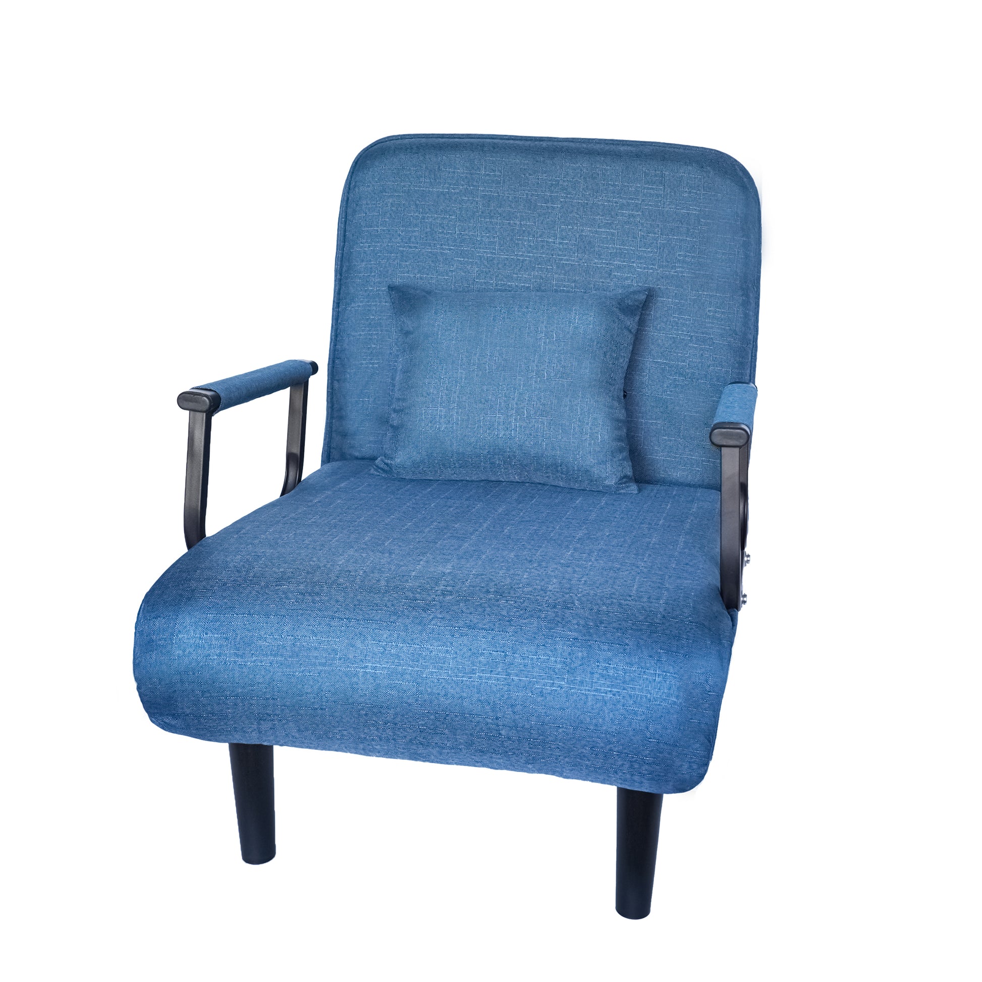 Blue linen accent chair with a matching throw pillow and black metal legs