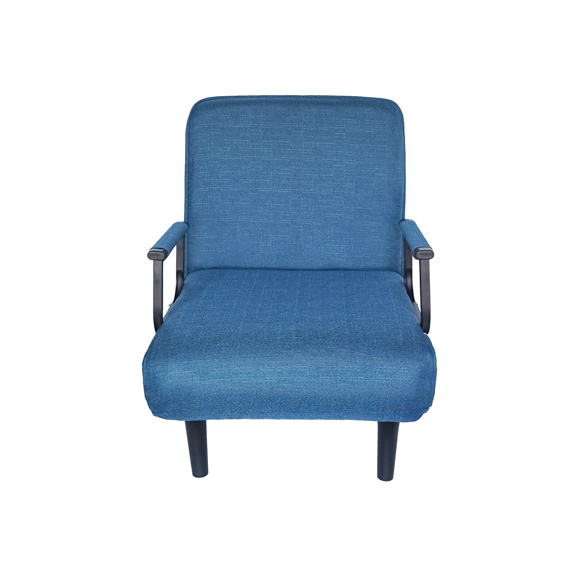 Blue fabric armchair with upholstered arms and black legs perfect for modern living rooms