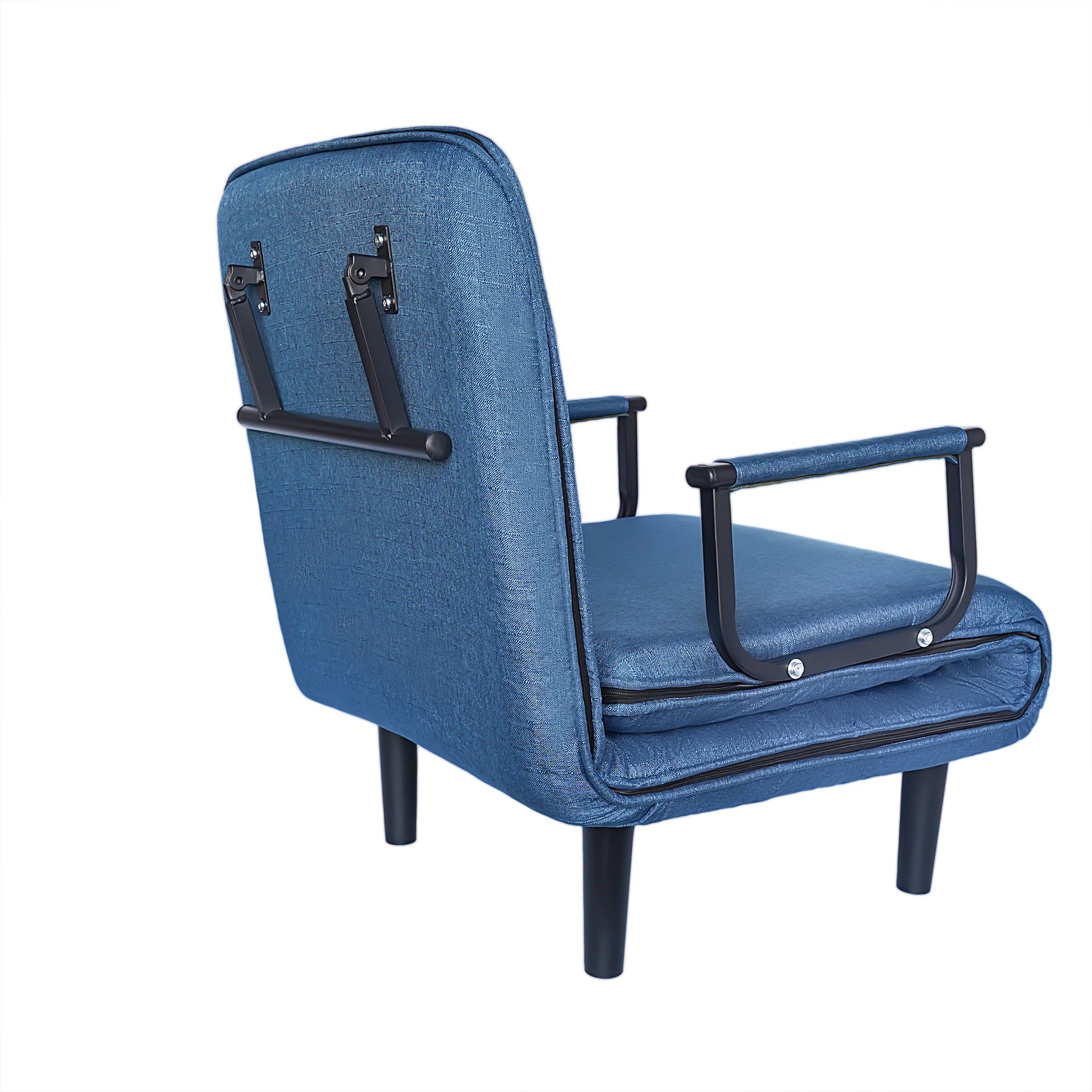 Blue upholstered folding chair with black metal frame and legs
