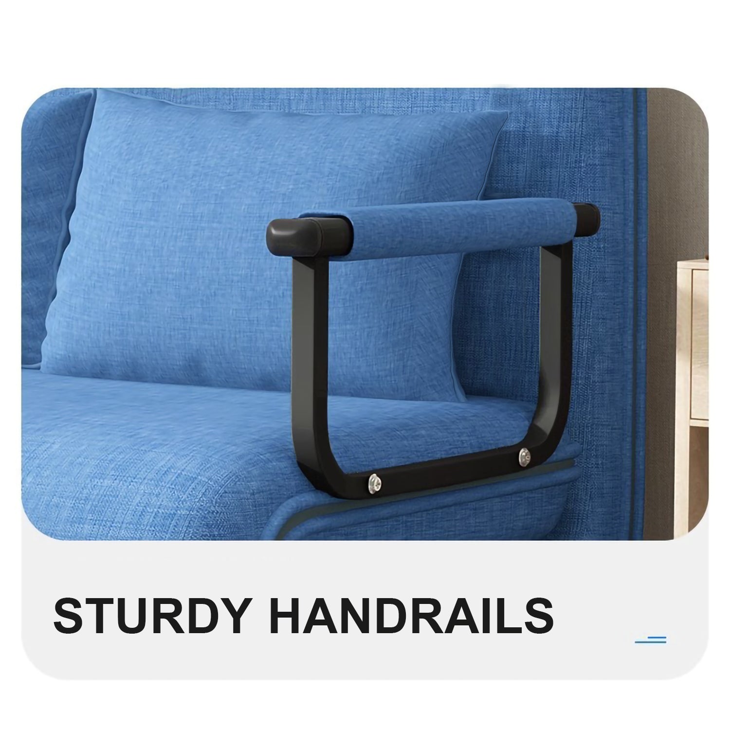 Blue fabric armchair with black sturdy handrails for comfort and support