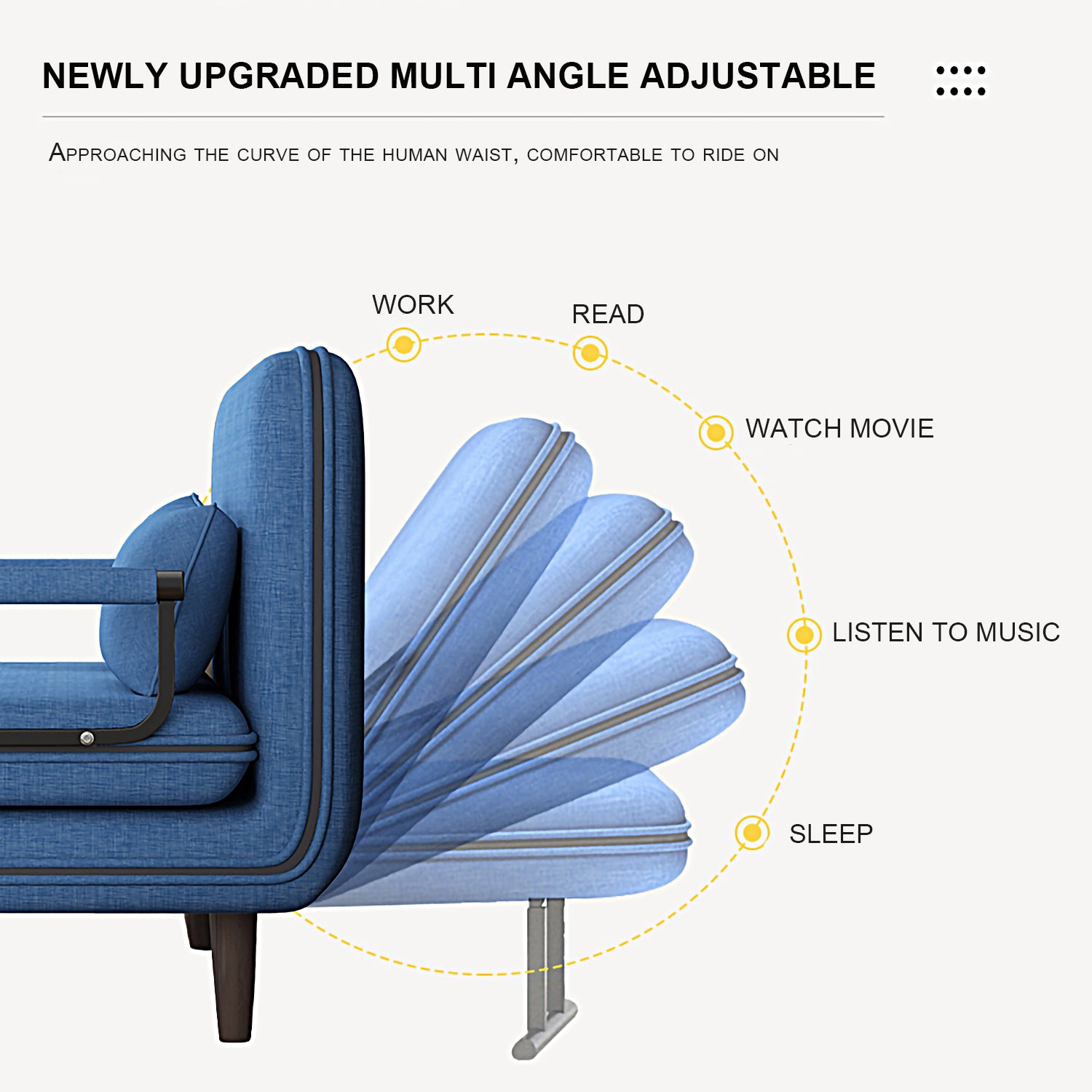 Blue upholstered sofa bed with adjustable multiangle recliner for sleeping