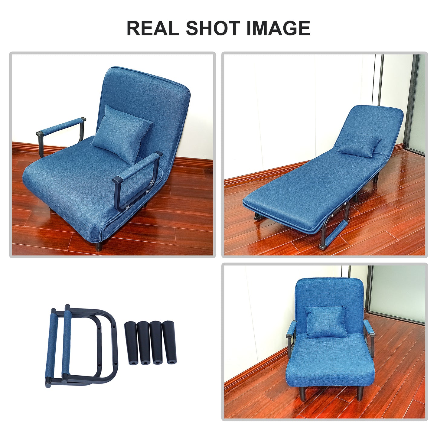 Blue upholstered convertible chair with detachable armrests and pillow