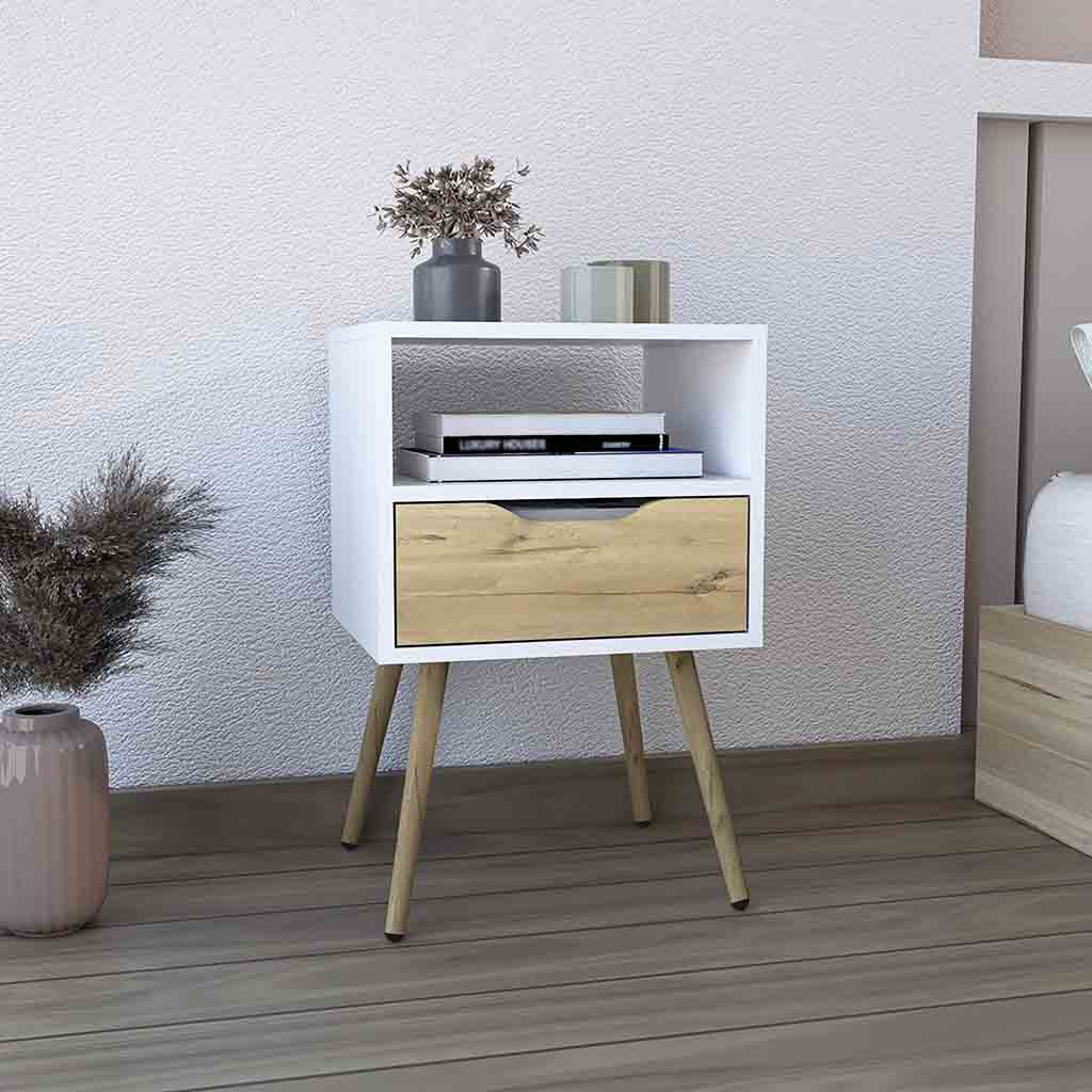 White nightstand with wood drawer and midcentury modern legs