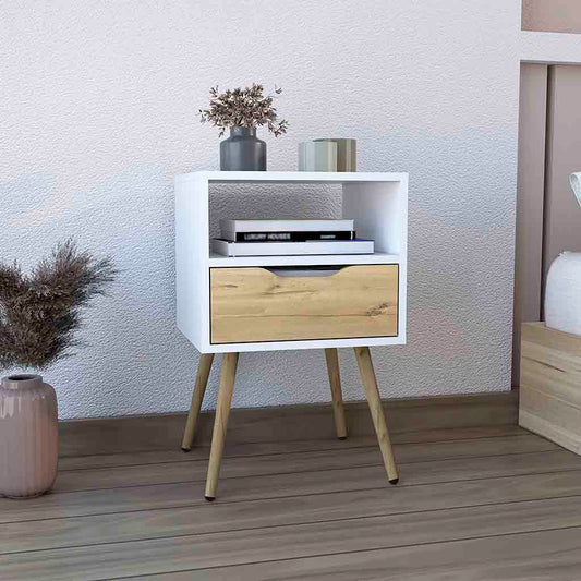 White nightstand with wood drawer and midcentury modern legs