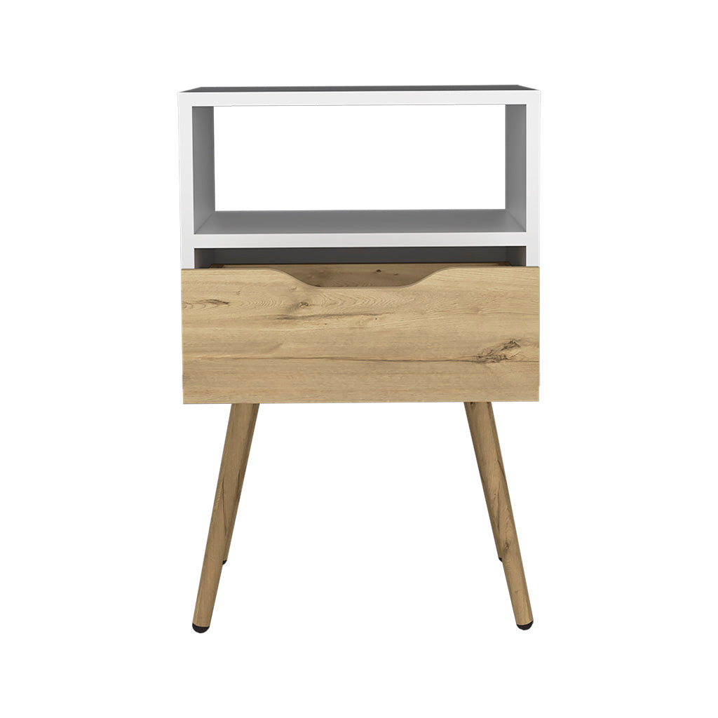 White and wood bedside table with angled legs