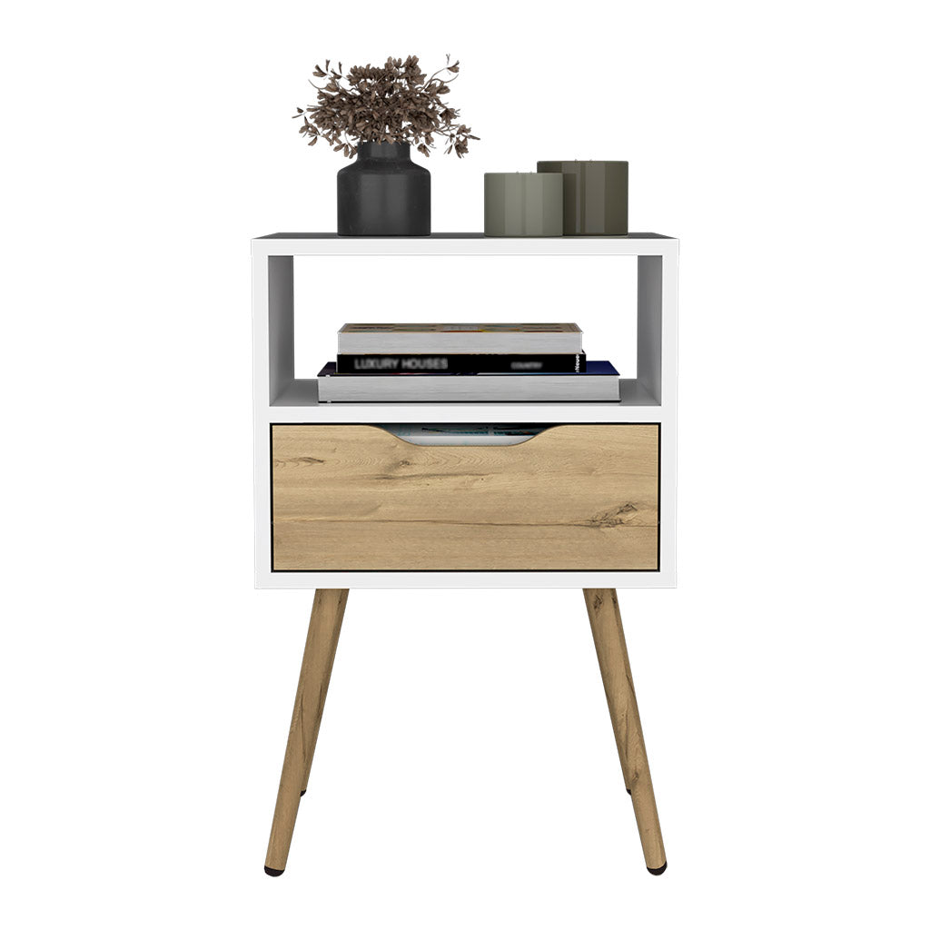 White bedside table with wood drawer and tapered legs