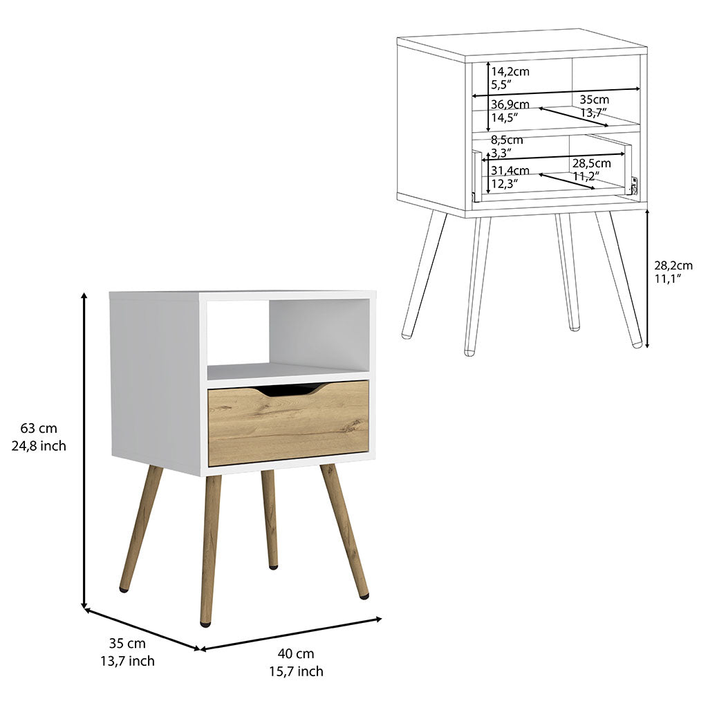 White and wood bedside table with angled legs and one drawer