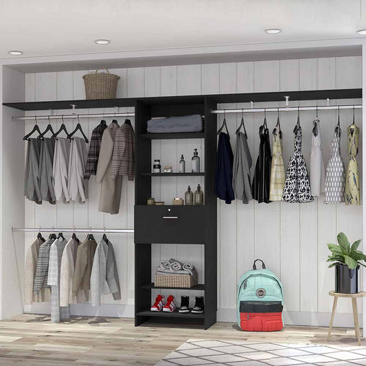 Black modular closet system with hanging clothes and shelves