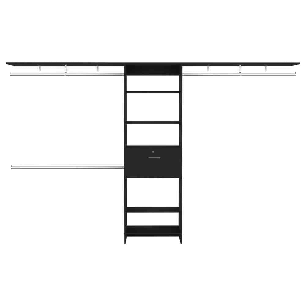 Black closet organizer system with shelves and drawer