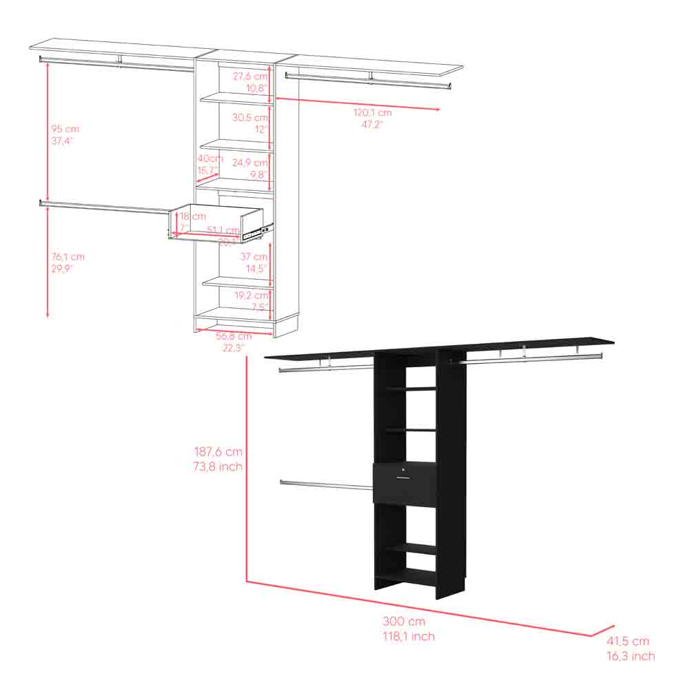 Modern closet system with multiple shelves and hanging rods