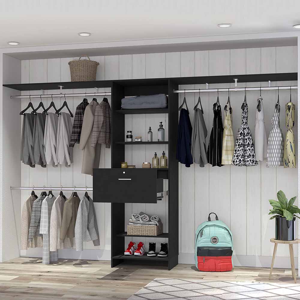 Black modular closet system with clothes on hangers and organized shelves