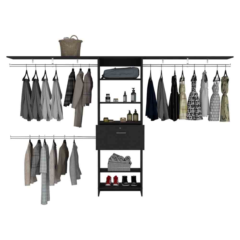 Black modular closet system with hanging clothes