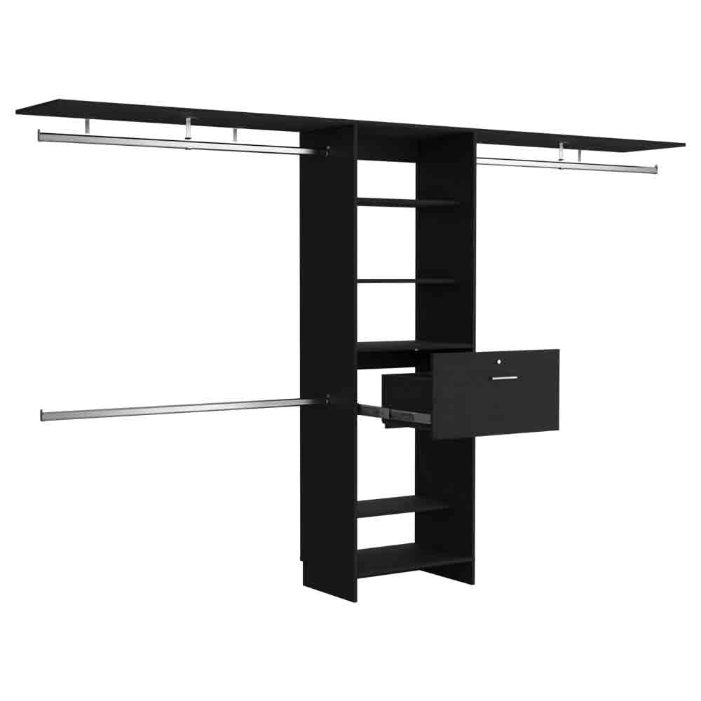 Black modular closet system with hanging rods and shelves