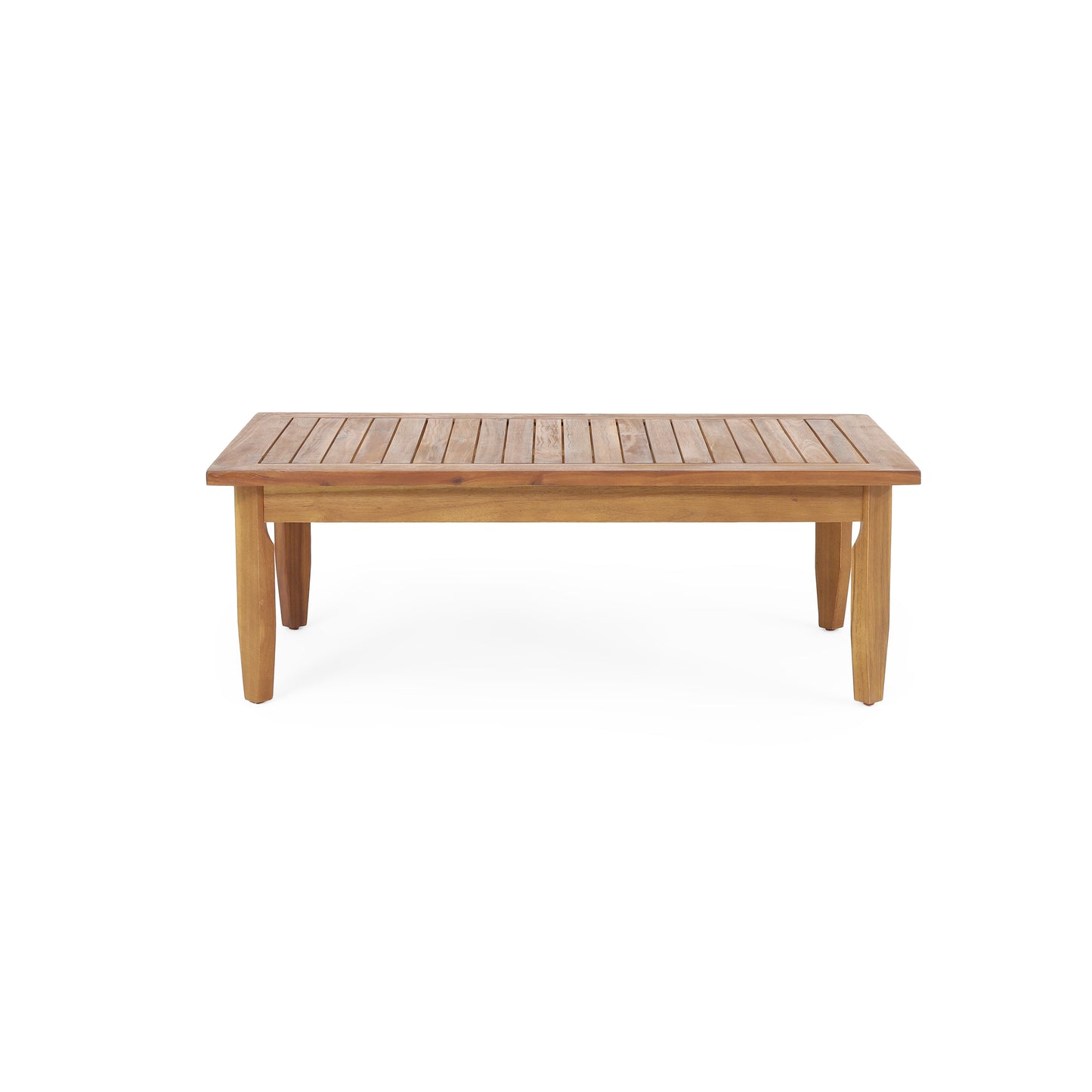 Rectangular slatted wood coffee table with tapered legs ideal for outdoor patios
