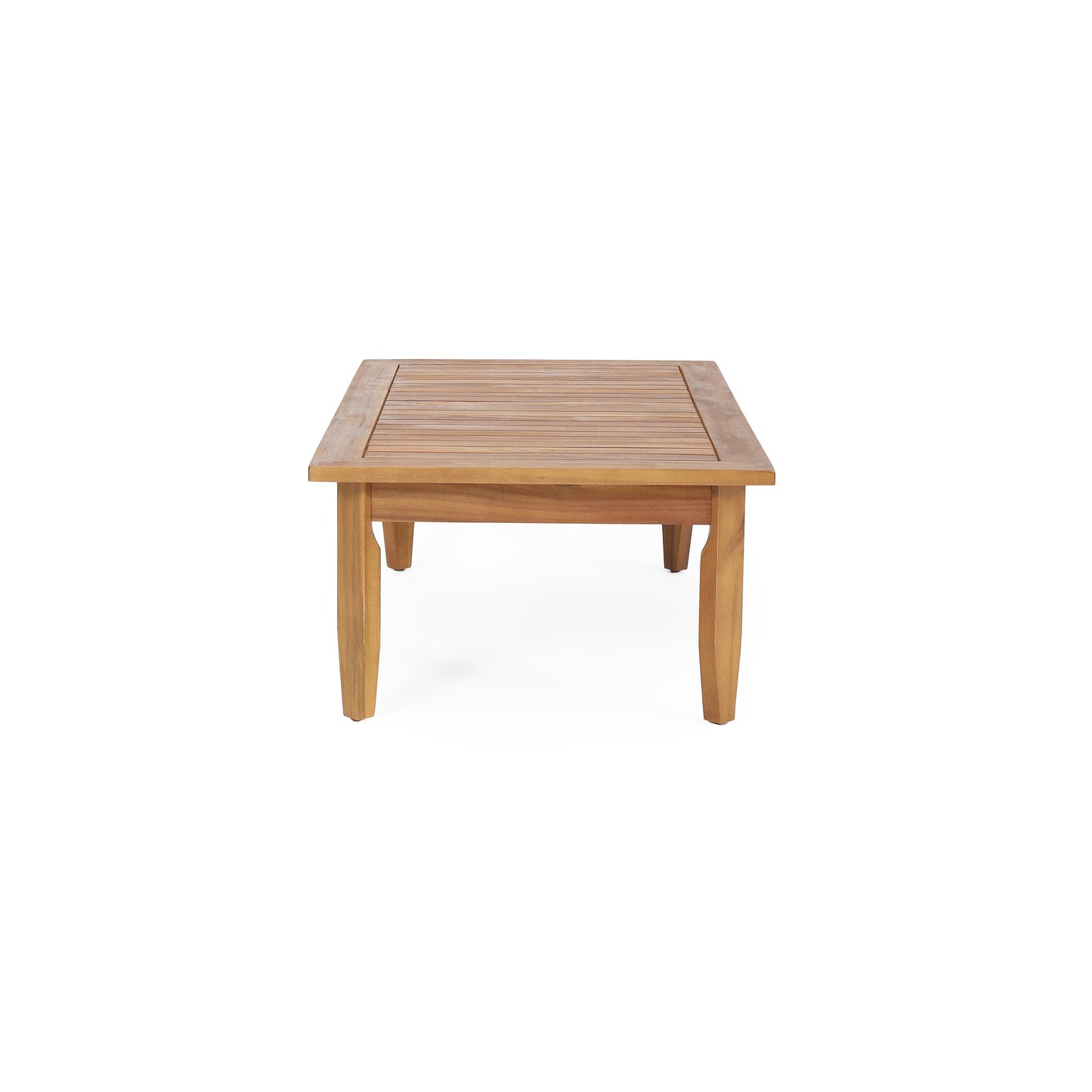 Natural wood square coffee table with slatted top and four tapered legs