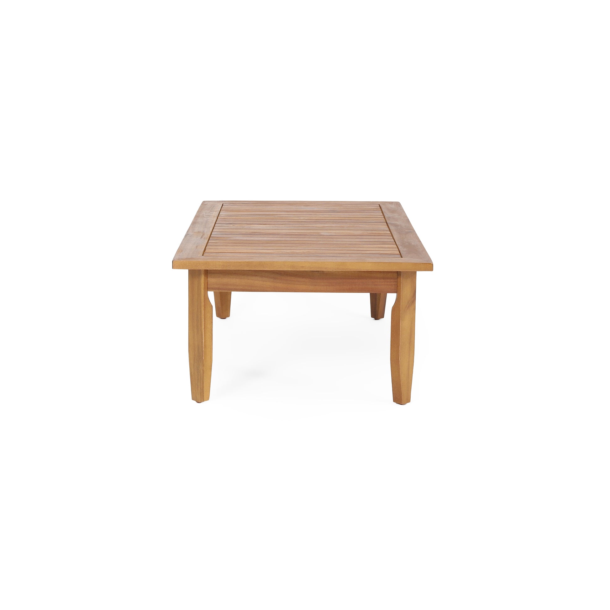 Natural wood square coffee table with slatted top and four tapered legs
